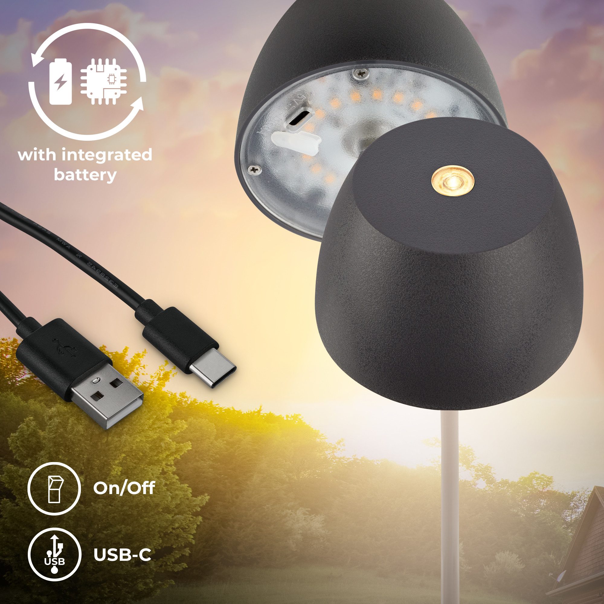 B.K.Licht Tafellamp voor buiten BK_TL1606 Mini Accu LED tafellamp, touchdimmer, met USB-C 2.700 k, 150lm, 2,5w, verwisselbare accu, max. 24h brandduur, antraciet (1 stuk)