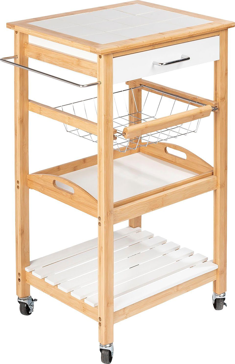 WENKO Pakketwagen Finja 3 plateaus, 1 ophangmogelijkheid, 1 mand, 1 lade keukentrolley's beige