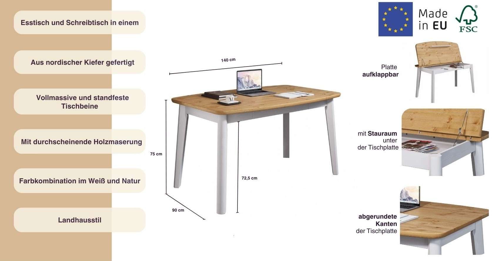 Home affaire Eettafel Palermo, multifunctionele tafel, werktafel, bureau met opbergruimte, opklapbaar blad, home office bureau, massief hout