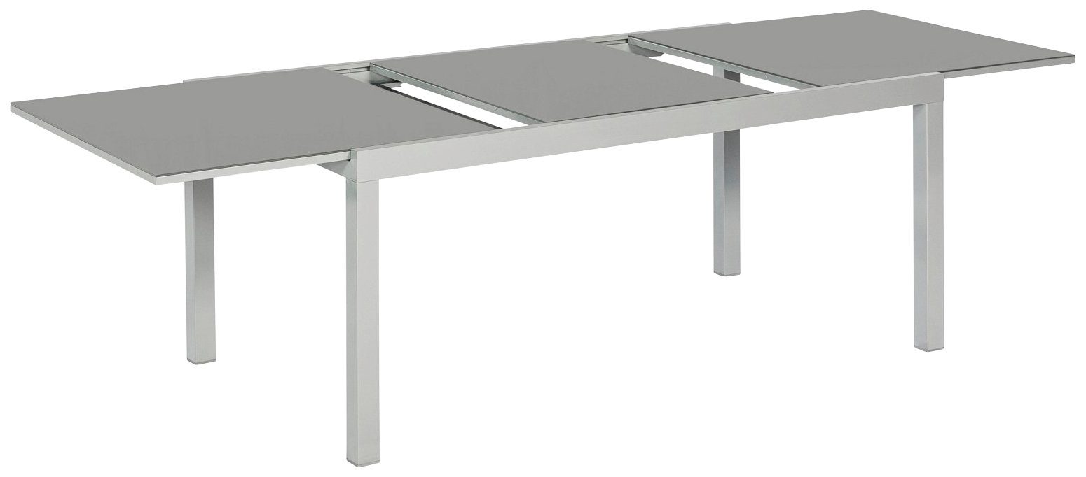 MERXX Tuintafel Uittrektafel BxD: 89,5 x 150/220 cm, zilverkleurig, bovenblad van grijs veiligheidsglas