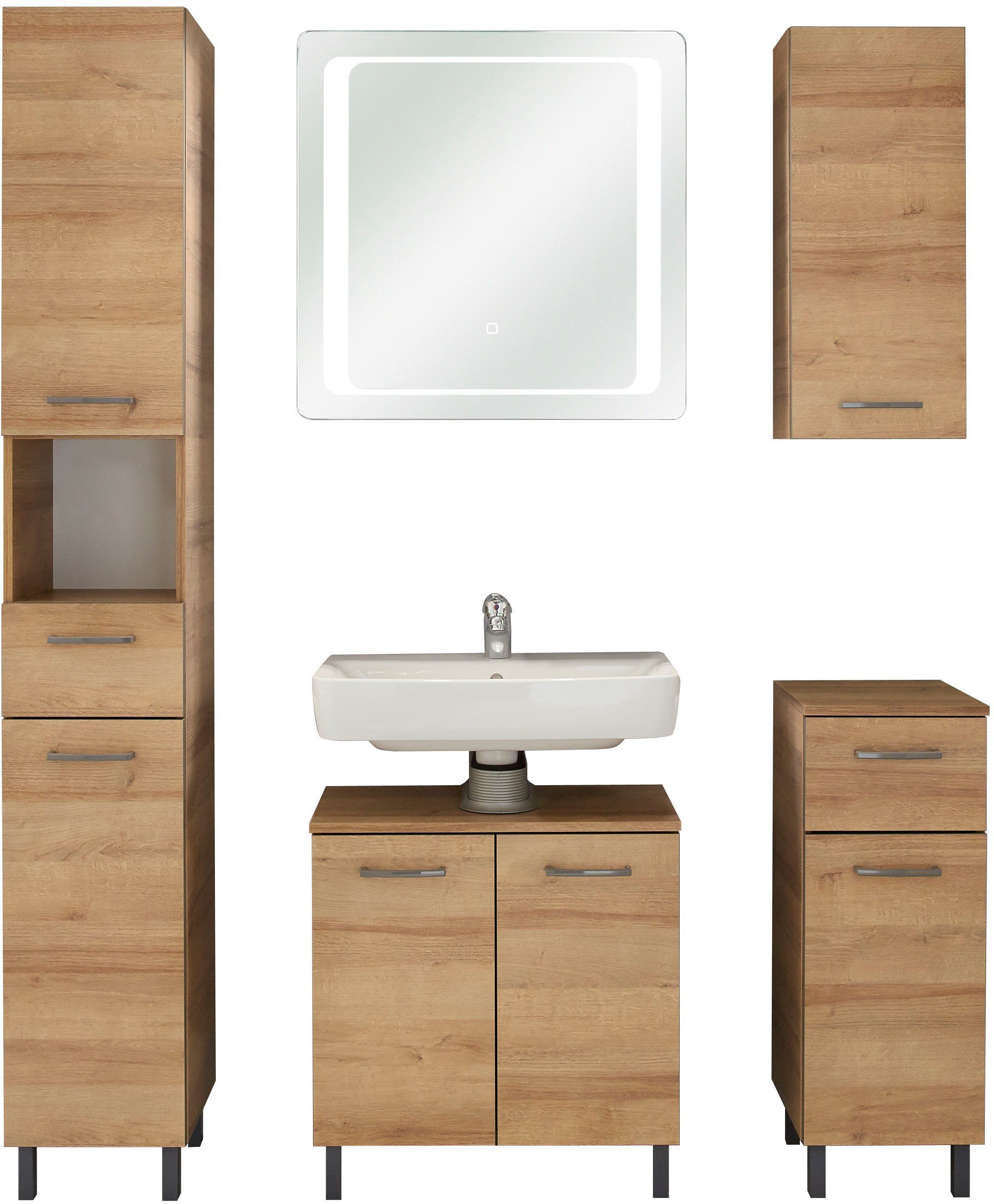 Saphir Badkamerserie Quickset 919 5-delig, wastafelonderkast met led-spiegel Hoge kast, onderkast, hangend kastje, inclusief deurdemper, 6 deuren