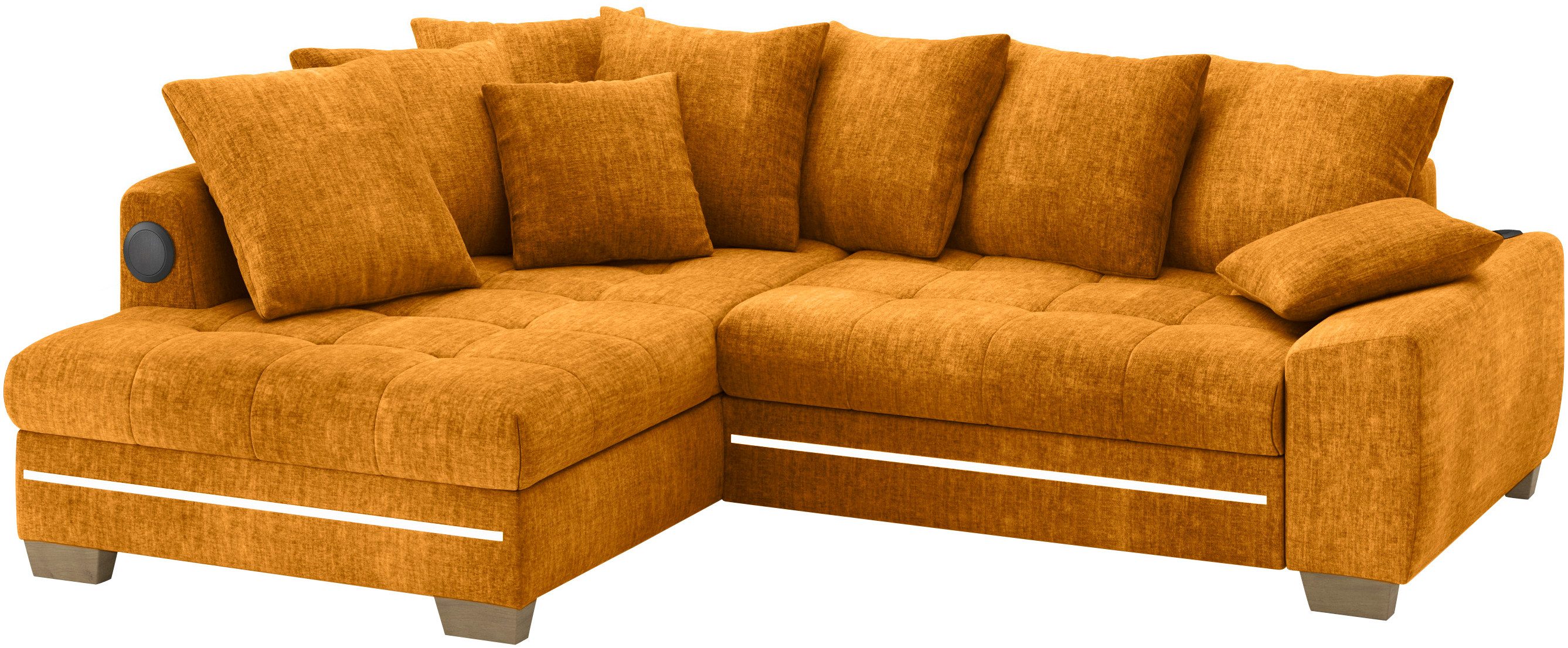 Mr. Couch Hoekbank Nikita II, L-vorm RGB-LED, Bluetooth-geluidssysteem, optioneel met bed, bedlade geel, hoekbanken, 243 cm