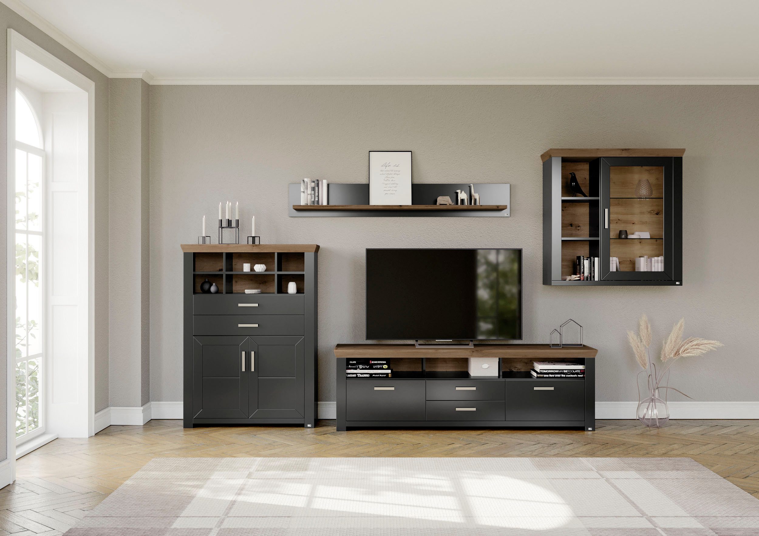 set one by Musterring Wandmeubel York Combinatie 11, in 3 kleurvarianten, totale breedte 374 cm (4-delig) tv-wandmeubels grijs