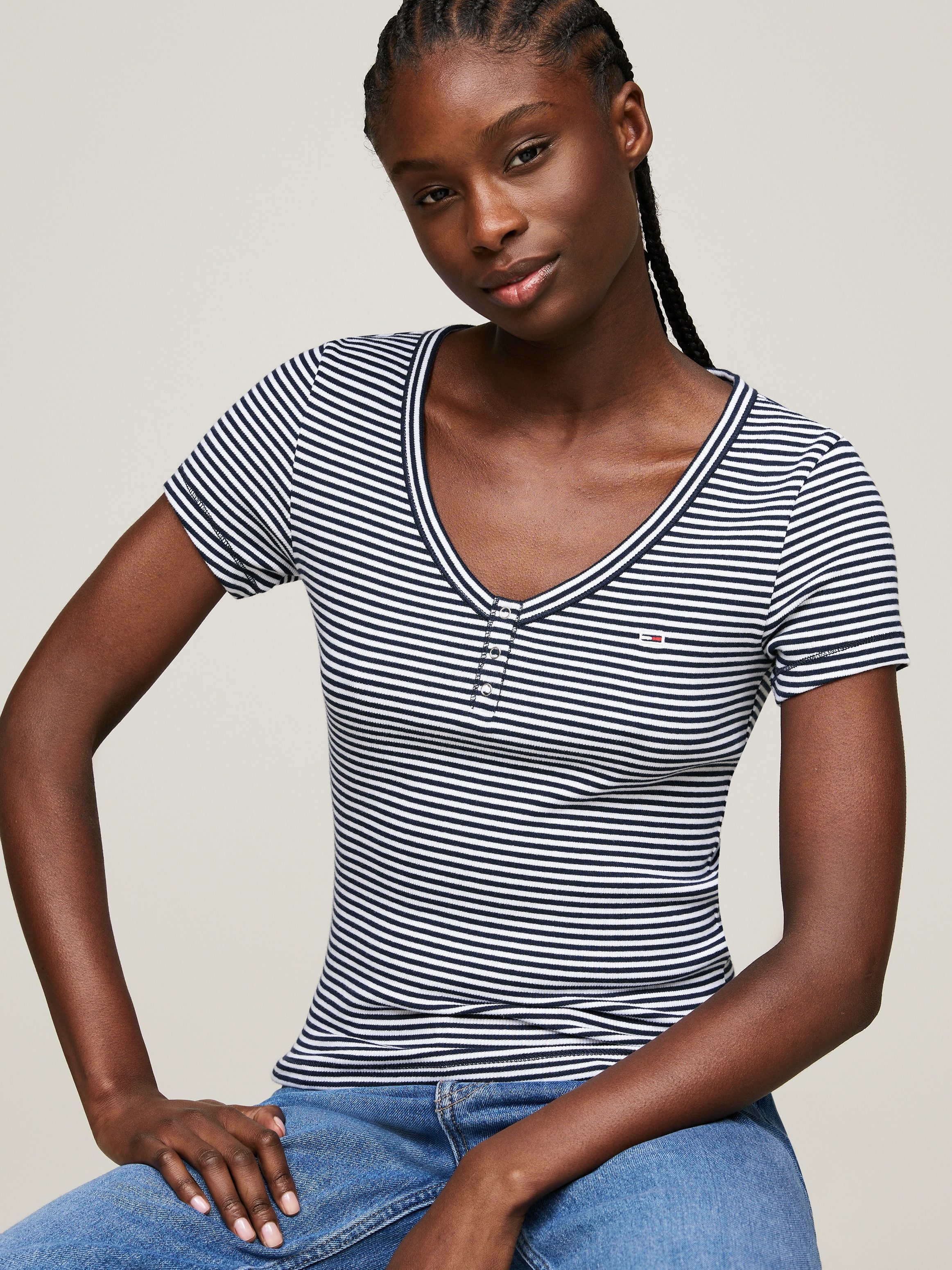 TOMMY JEANS Shirt met V-hals TJW SLIM HENLEY STRIPE V-NECK SS