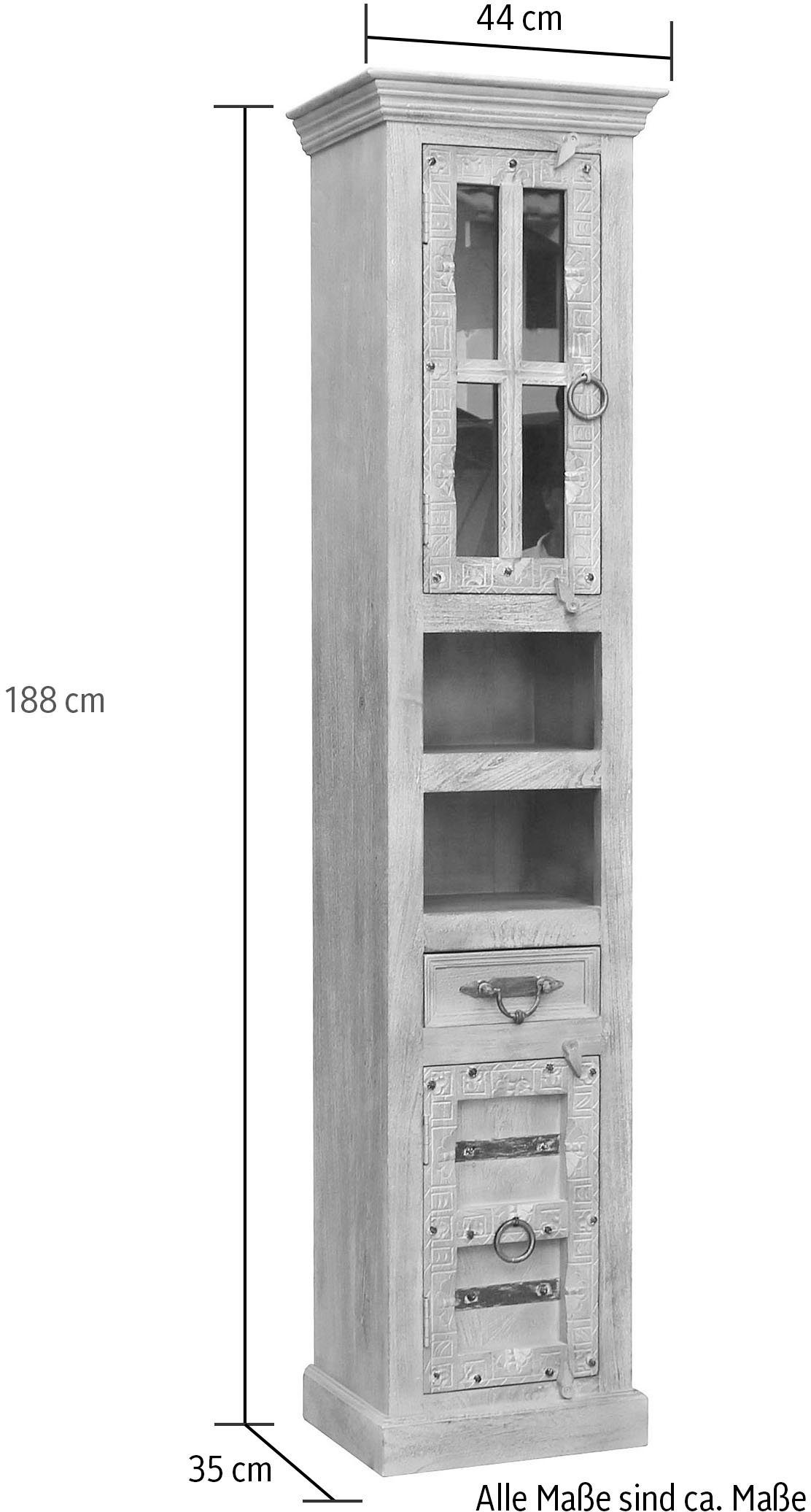 SIT Vitrinekast Daipur met glazen deur en 1 lade. 2 open vakken gegraveerde versieringen, breedte 44/hoogte 188 cm