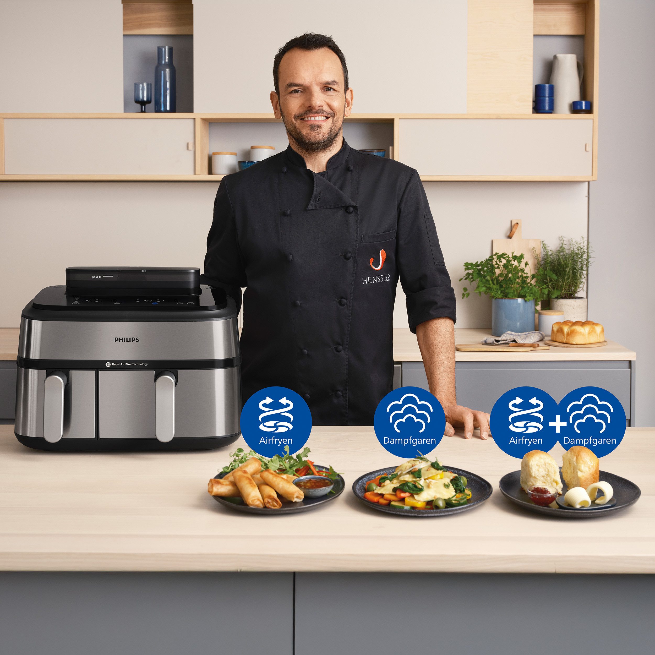 Philips Airfryer NA555/00 Steam Airfryer 5000 Series Dual Basket, 9L Kapazität (3L+6L)