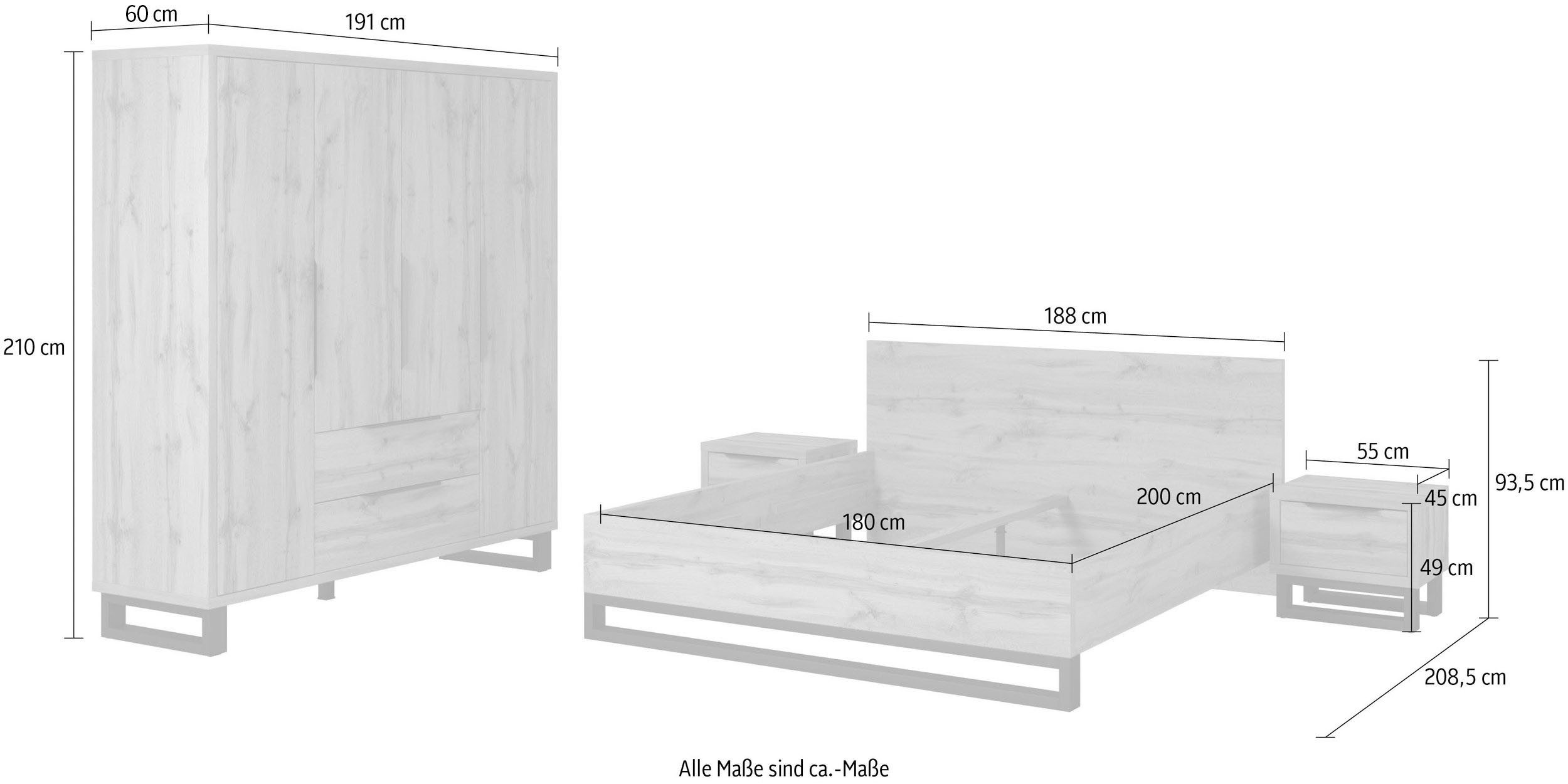 Home affaire Slaapkamerserie Bronne, compleet slaapkamer (Set, 4-St) Slaapkamer set, kast 191 cm breed, 2 nachtkastjes, bed 180/200 cm