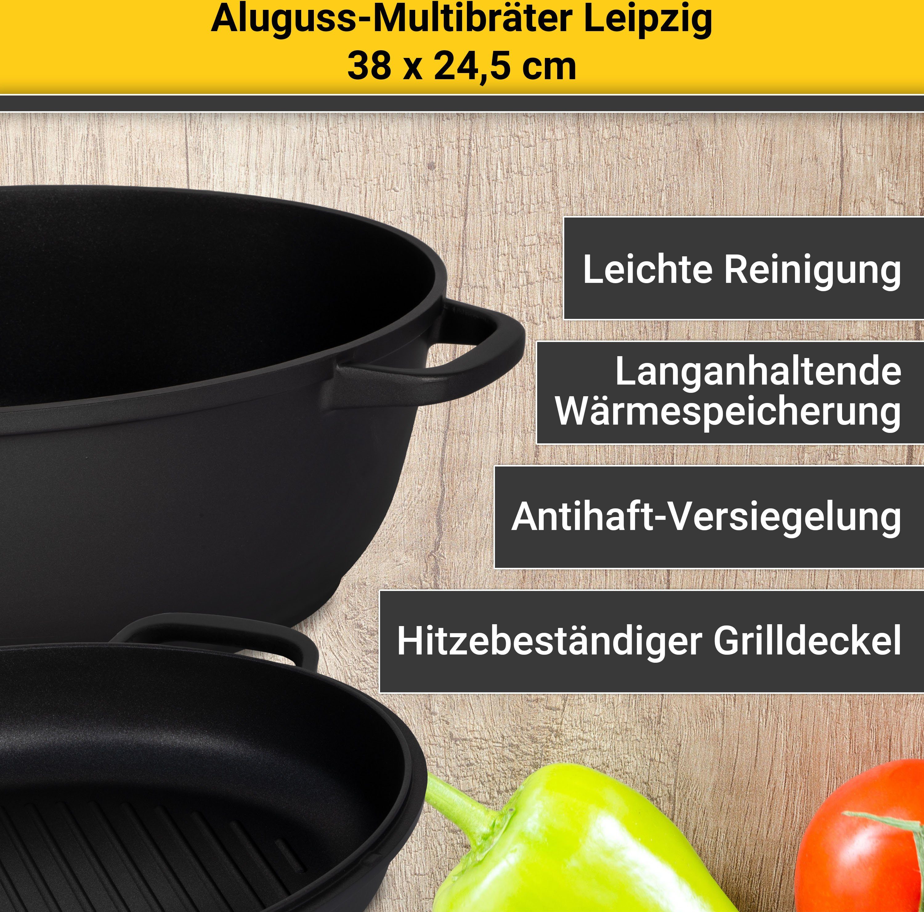 Krüger Braadpan Aluminium multicooker met grilldeksel LEIPZIG, 38 x 24,5 x 13 cm