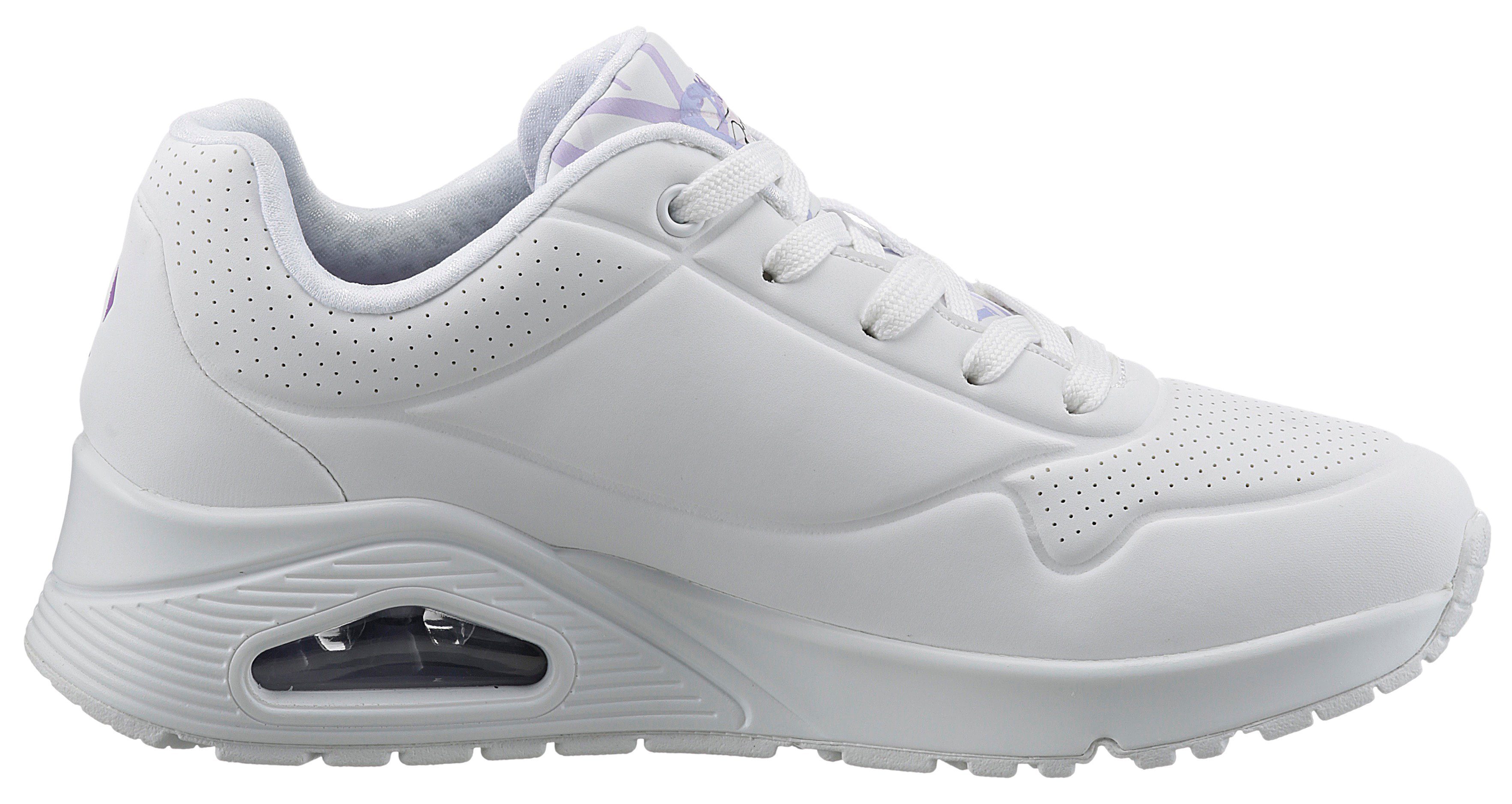 Skechers Sneakers met sleehak UNO-SPREAD THE LOVE Vrijetijdsschoen, lage schoen, veterschoen met coole graffiti-print