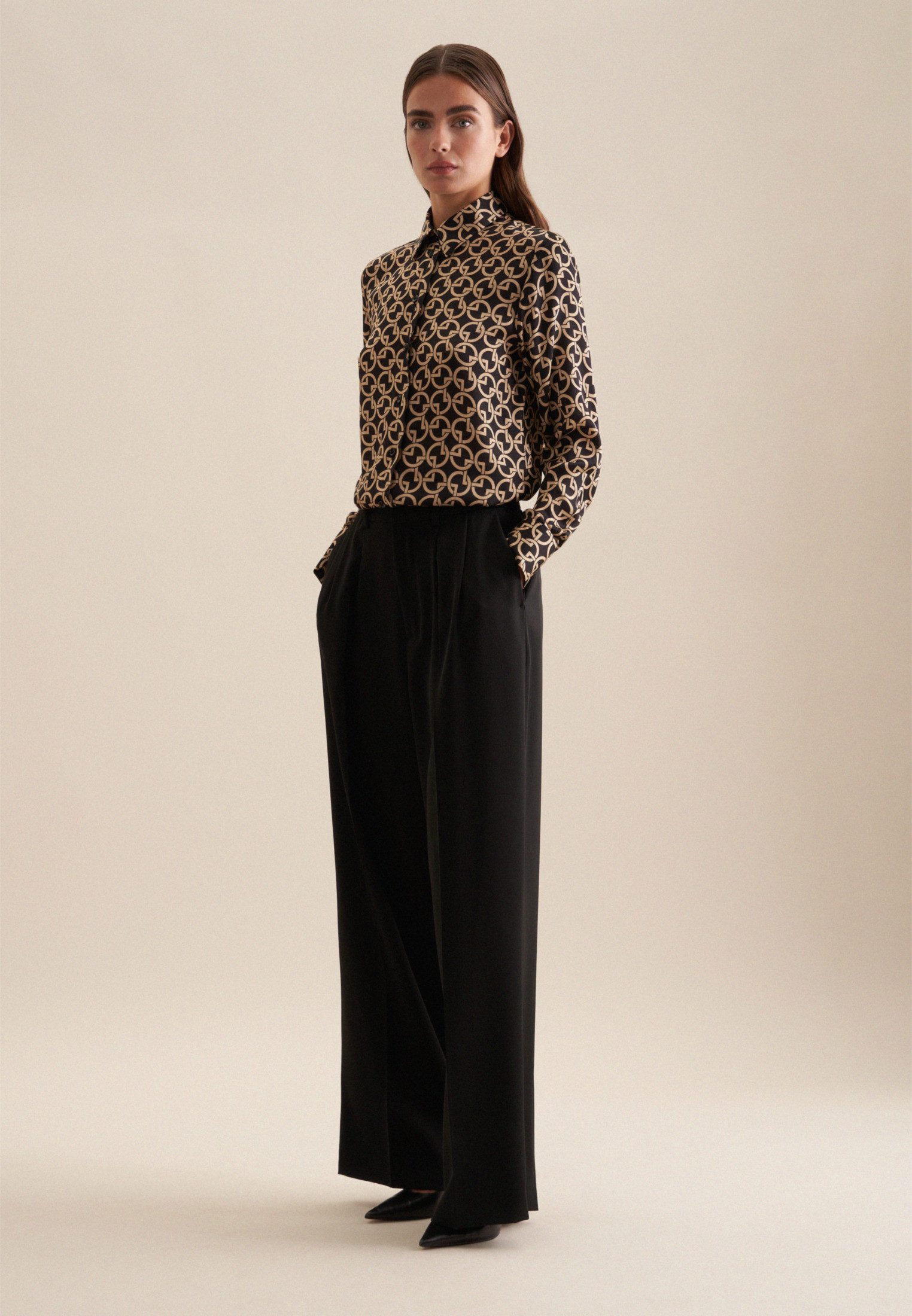 seidensticker Overhemdblouse Zwarte roos Lange mouwen kraag print