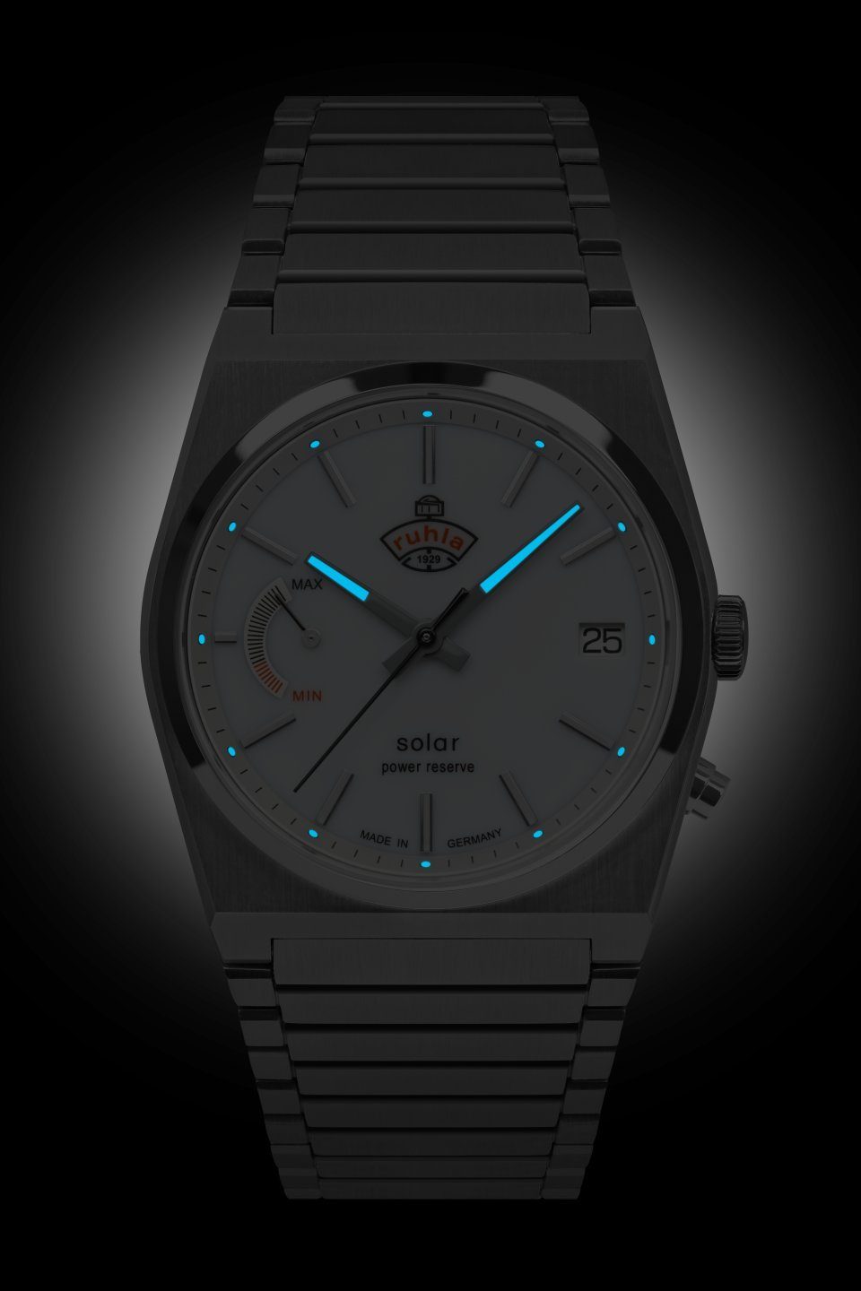 ruhla Solarhorloge Space Control Solar Power Reserve Herenhorloge, datum, lichtgevende wijzers, saffierglas, Made in Germany