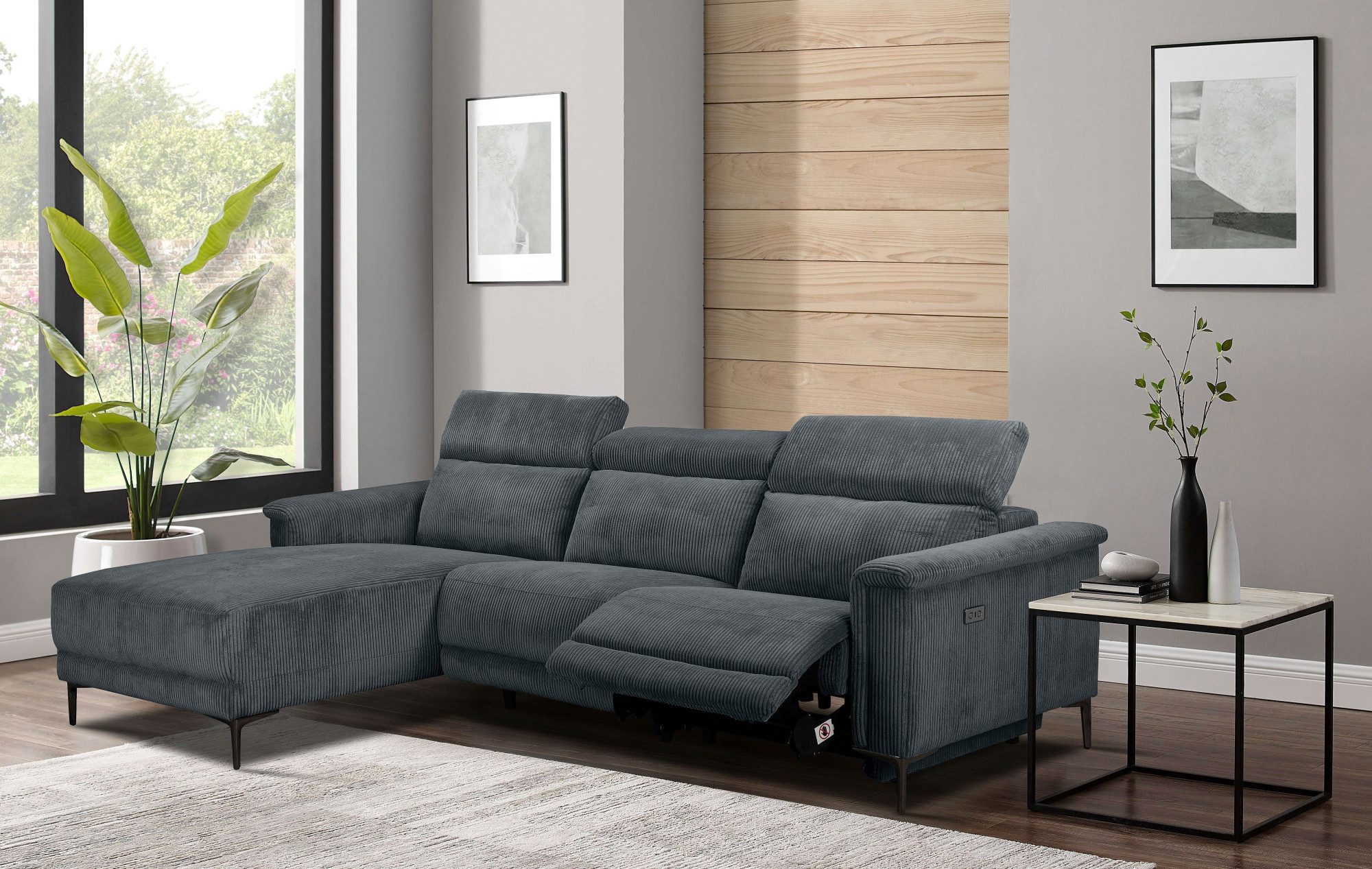 Places of Style Hoekbank Lund in cord, L-vorm, 261 cm, handmatige en elektrische relaxfunctie