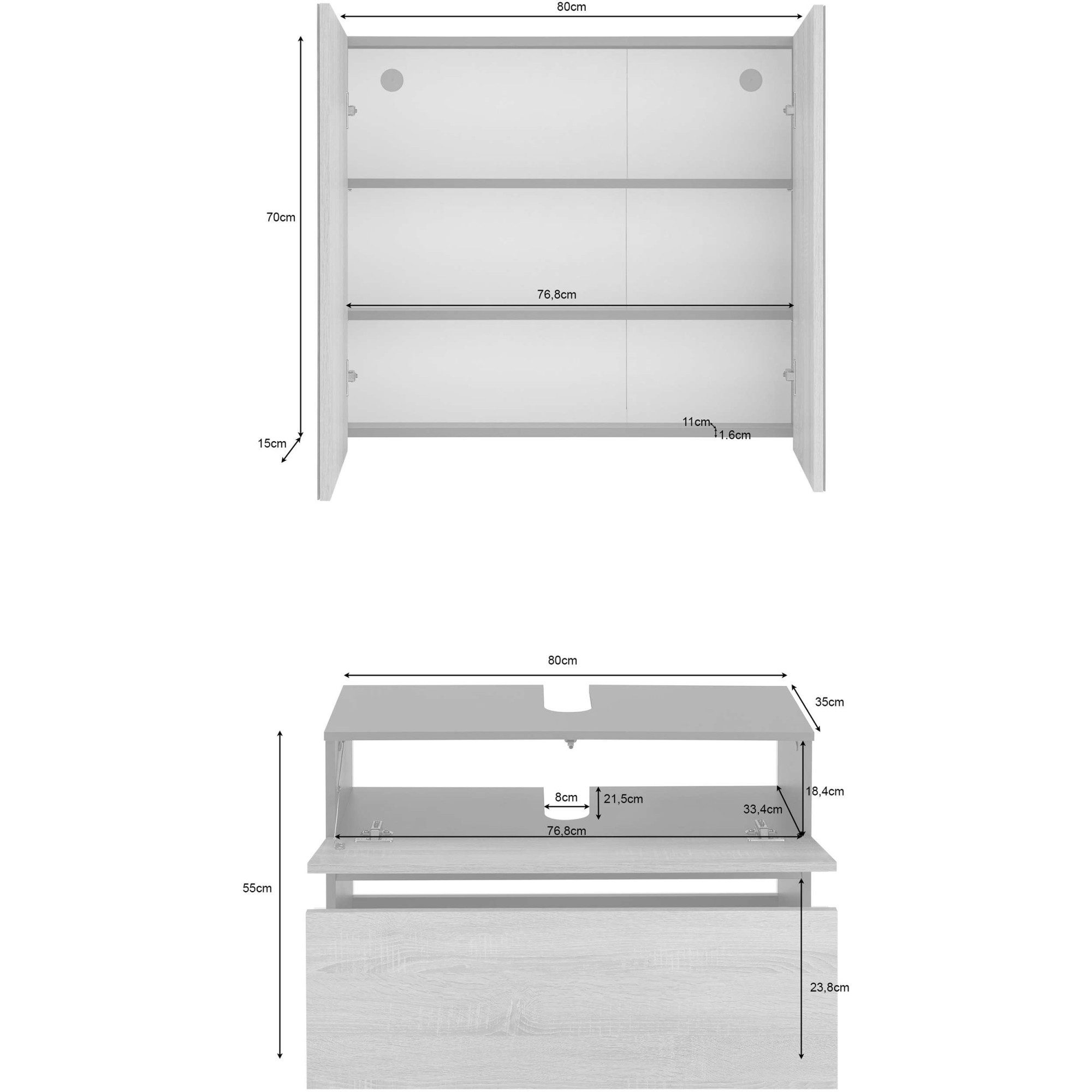 Home affaire Badmeubelset Wisla Spiegelschrank, WBU met sifonaansluiting en push-to-open, breedte 80 cm (set, 2 stuks)