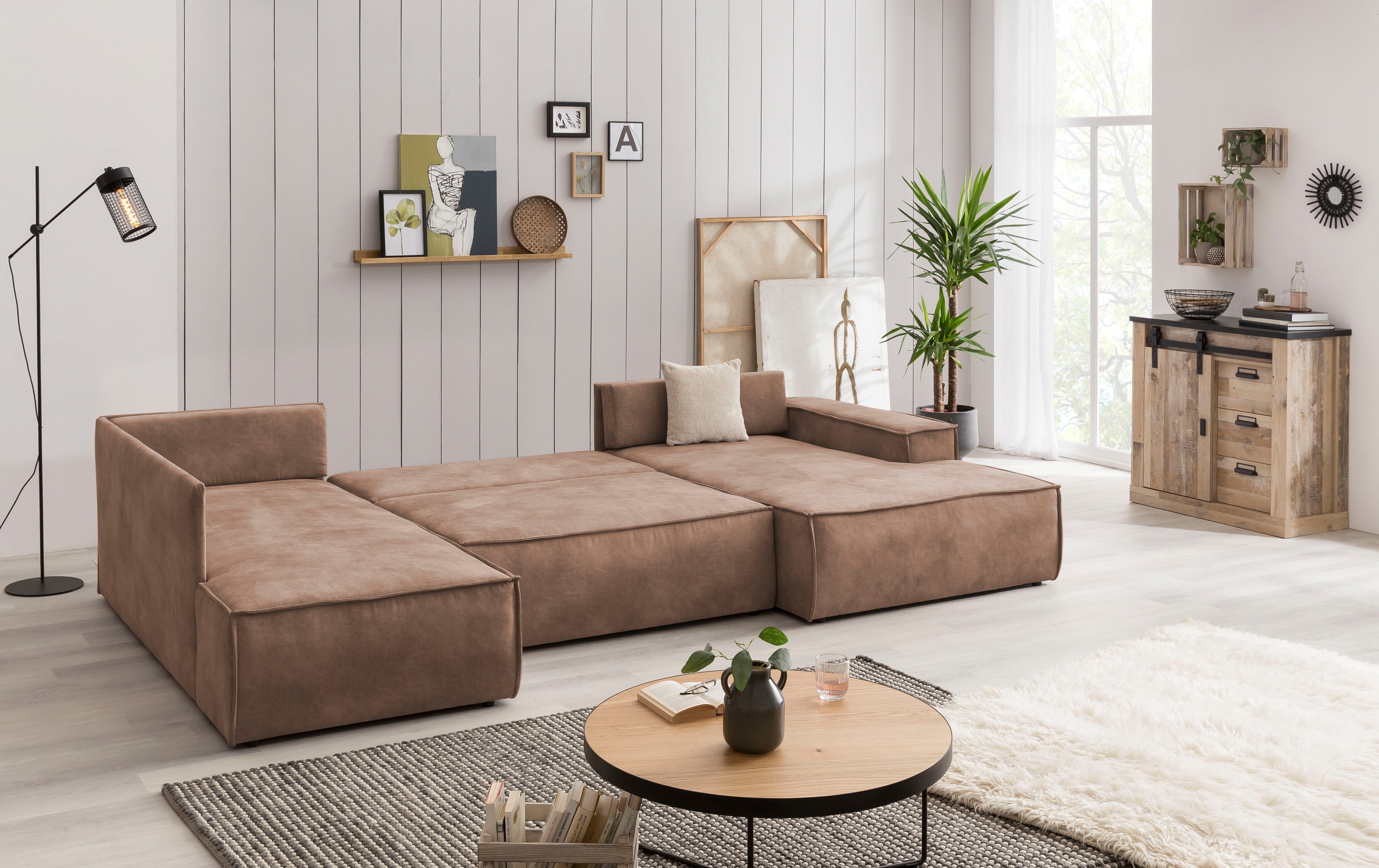 Home affaire Zithoek SHERWOOD 329 cm, U-vorm, slaapbank, Slaapfunctie met bedkist (194x139 cm), cord, vintage, fluweel