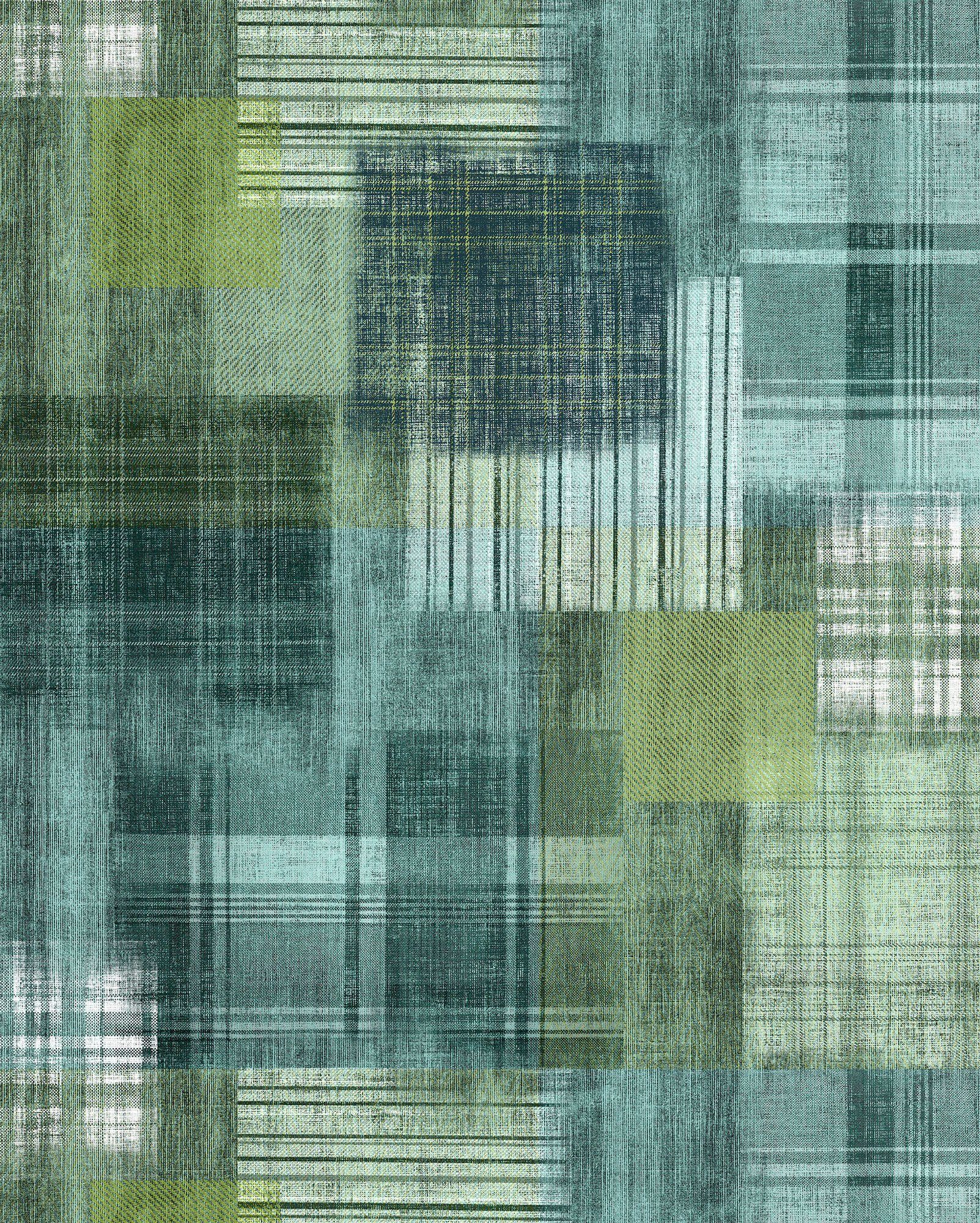 Komar Vliesbehang Digitale print vlies - Patchy Plaid - Afmeting 200 x 250 cm (1 stuk) zelfklevend behang groen