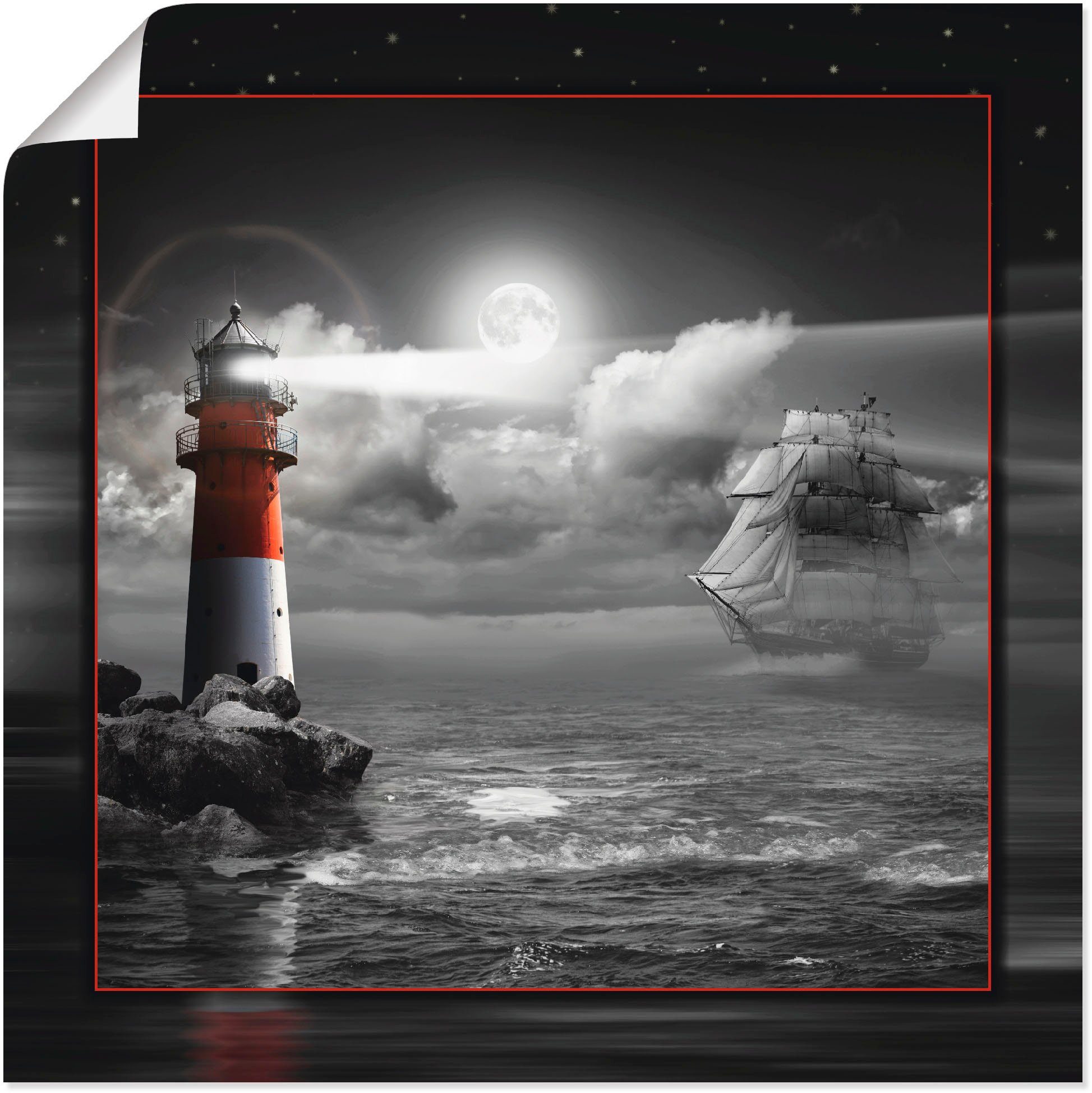 Artland Artprint Vuurtoren en zeilschip in het maanlicht in vele afmetingen & productsoorten - artprint van aluminium / artprint voor buiten, artprint op linnen, poster, muursticke