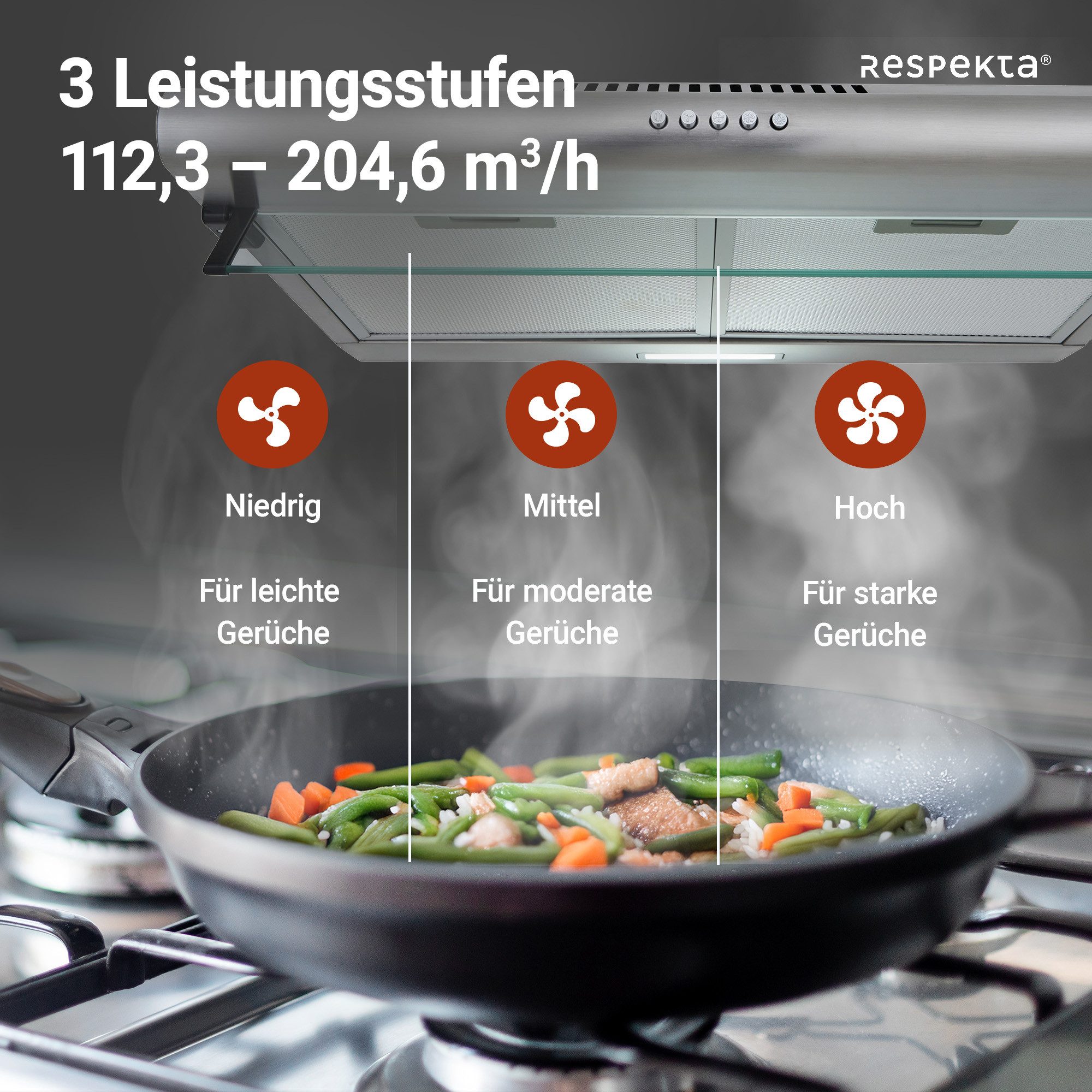 RESPEKTA Onderbouwkap CH 1259 IXC N 60 cm, 3 vermogensniveaus, led-verlichting, geschikt voor afzuiging en recirculatie