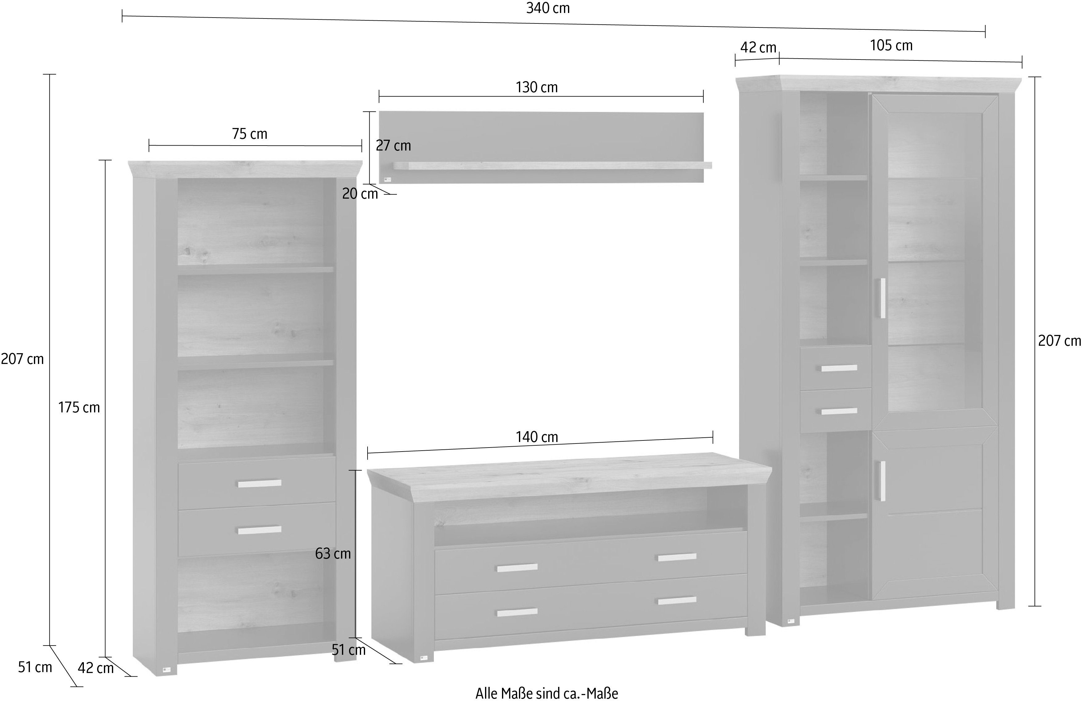 set one by Musterring Wandmeubel York Combinatie met 4 delen, in 3 kleurvarianten, totale breedte 340 cm (4-delig)