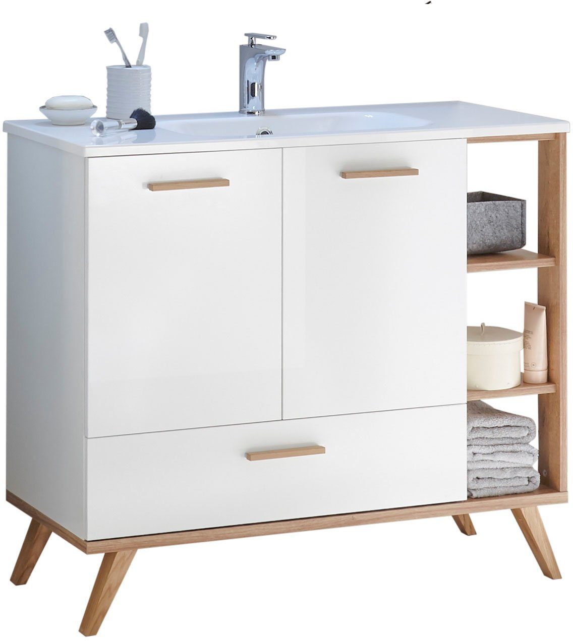 Saphir Badkamerserie Quickset mineraalmarmeren wastafel met onderkast, 101 cm breed Wastafelmeubel, 2 deuren, 1 lade, inclusief deurdemper,