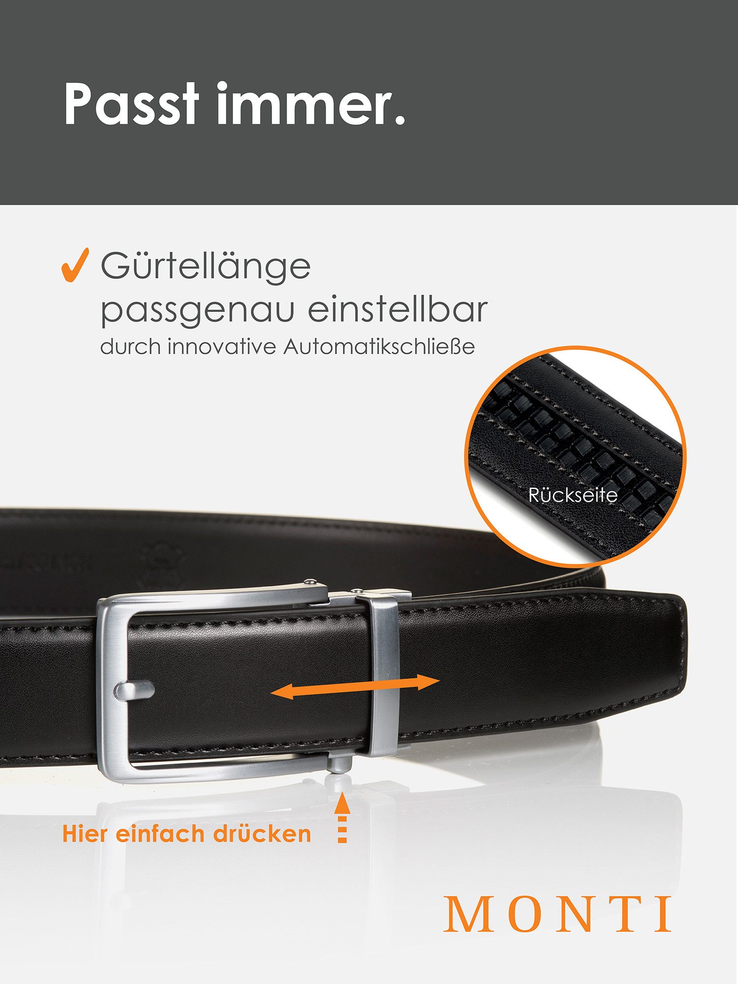 MONTI Leren riem 3,5 cm breed, klassiek-business, automatische sluiting - past altijd