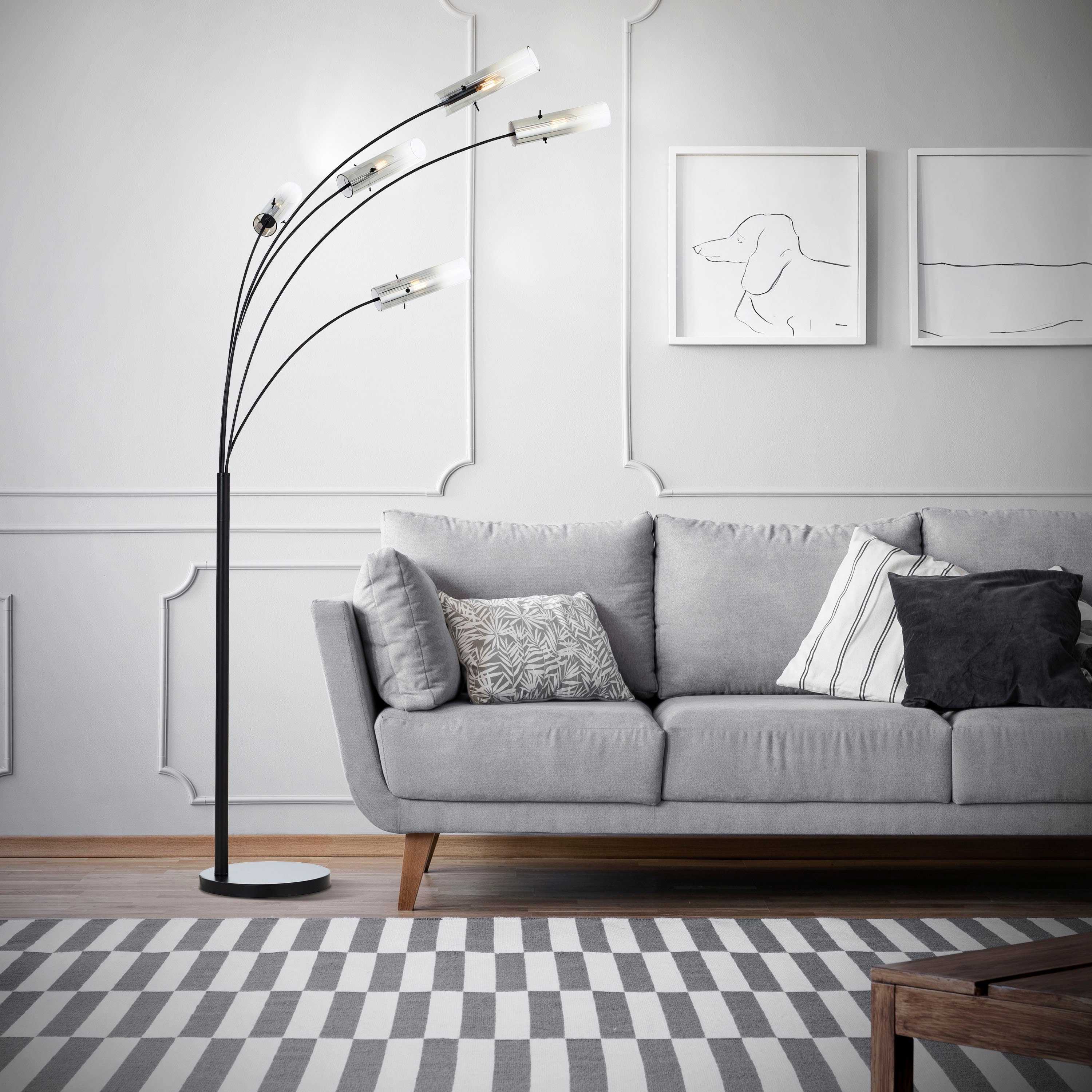 Brilliant Leuchten Staande lamp Glasini 200 x 30 x 73 cm, 5 x e14, metaal/rookglas, mat zwart (1 stuk)