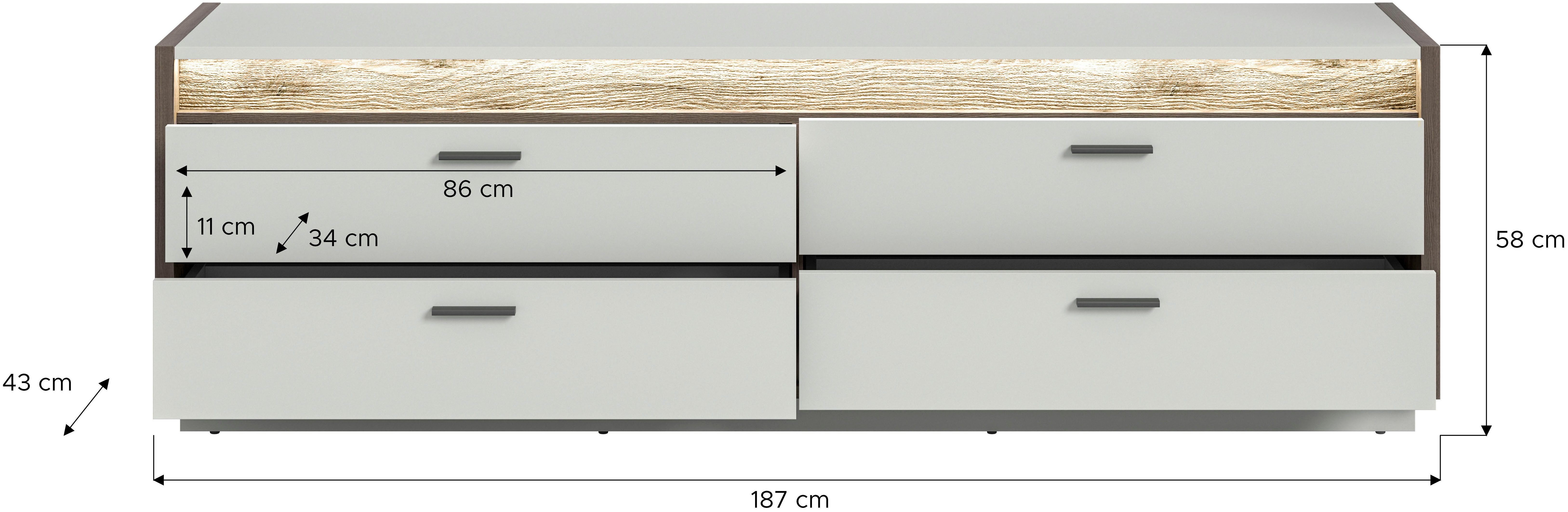 INOSIGN Tv-meubel Treviso, Breedte 187cm, incl. Frontverlichting, 4 lades TV-meubel, media meubels, TV-bank, televisiekast, woonkamerkast