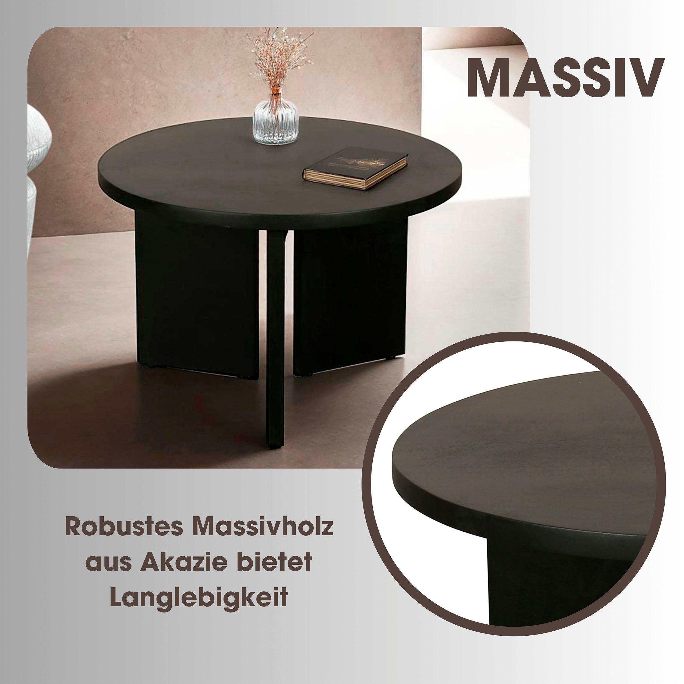 byLIVING Salontafel Round uit 2,5 cm dik massief hout zwart, afzonderlijk of in set verstelbaar (1 stuk)
