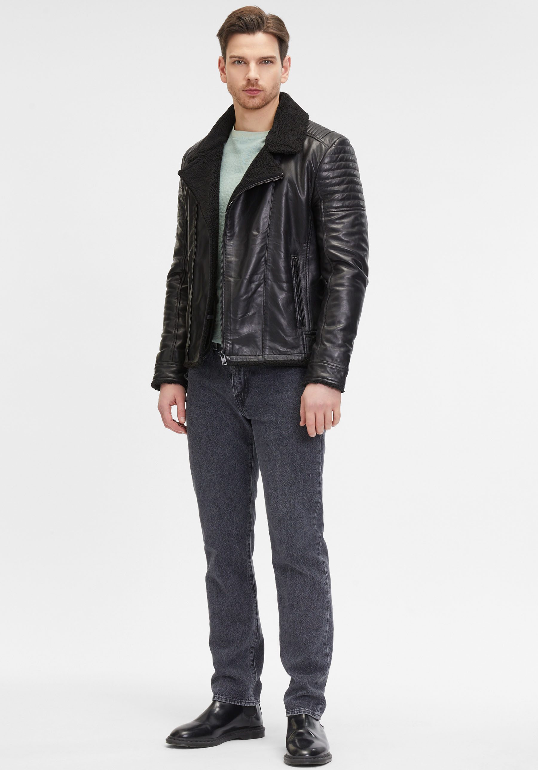 Mauritius Leren jack G2MIdor SF Reverskraag met faux fur, asymmetrische rits