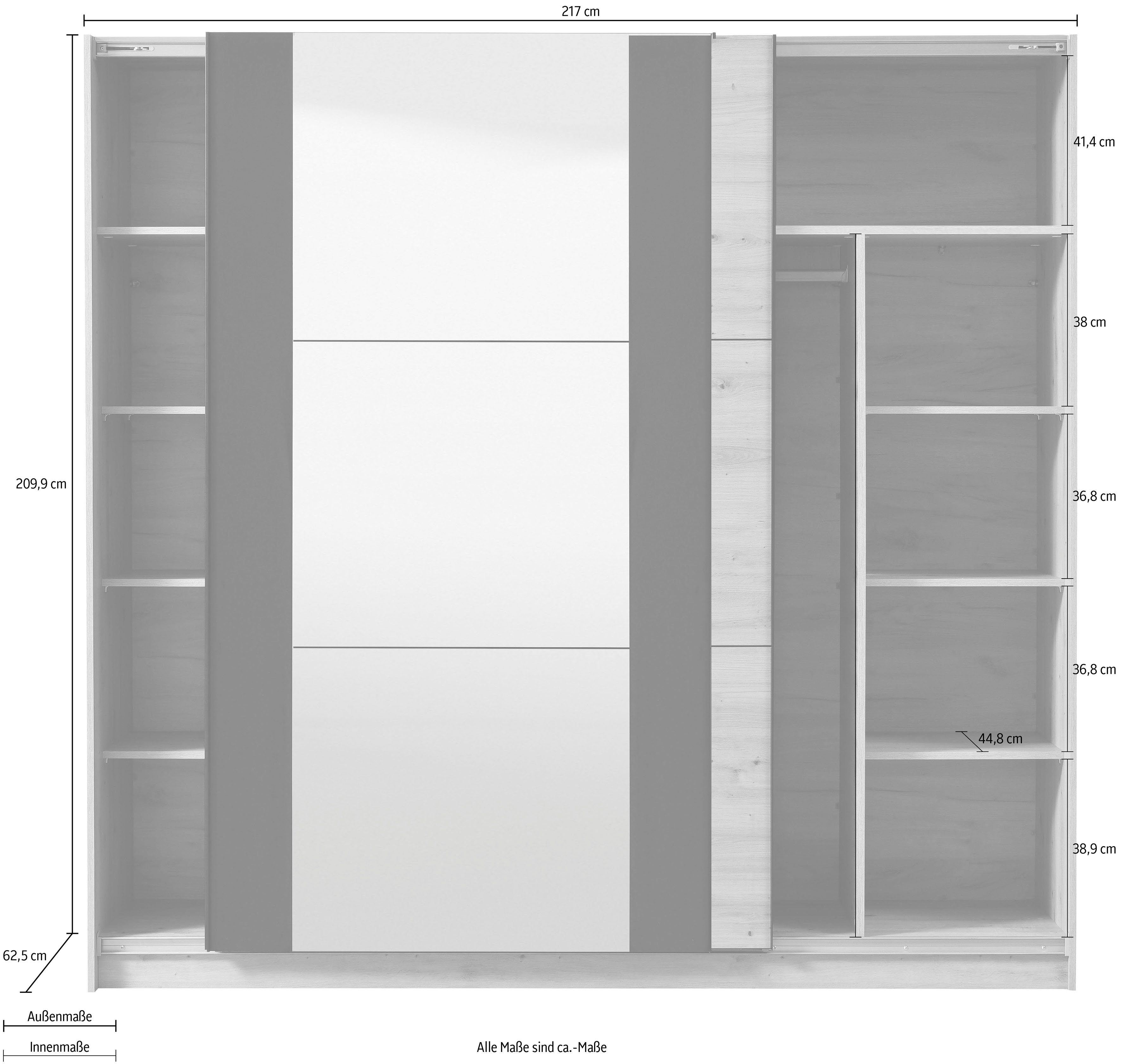 INOSIGN Zweefdeurkast Sardinia, kledingkast met spiegel, FSC®-gecertificeerd inclusief binnenindeling, 217x210x62,5 cm, abs beschermranden