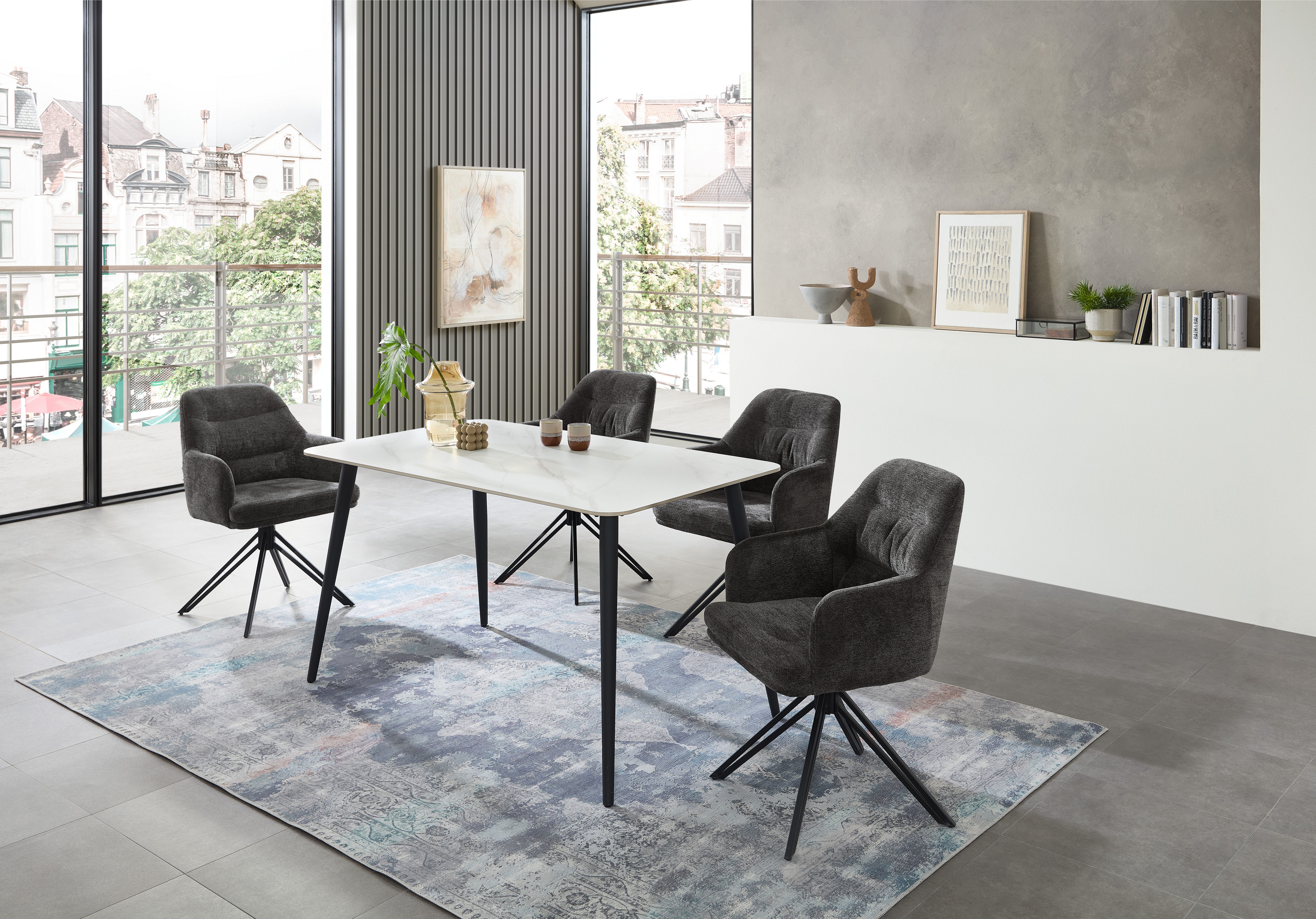 Stolkom Eettafel Cody eettafel keramiek, wit gemarmerd, BxHxD 140x76x80 cm Keramische oppervlakte wit gemarmerd, 4-poots frame mat zwart