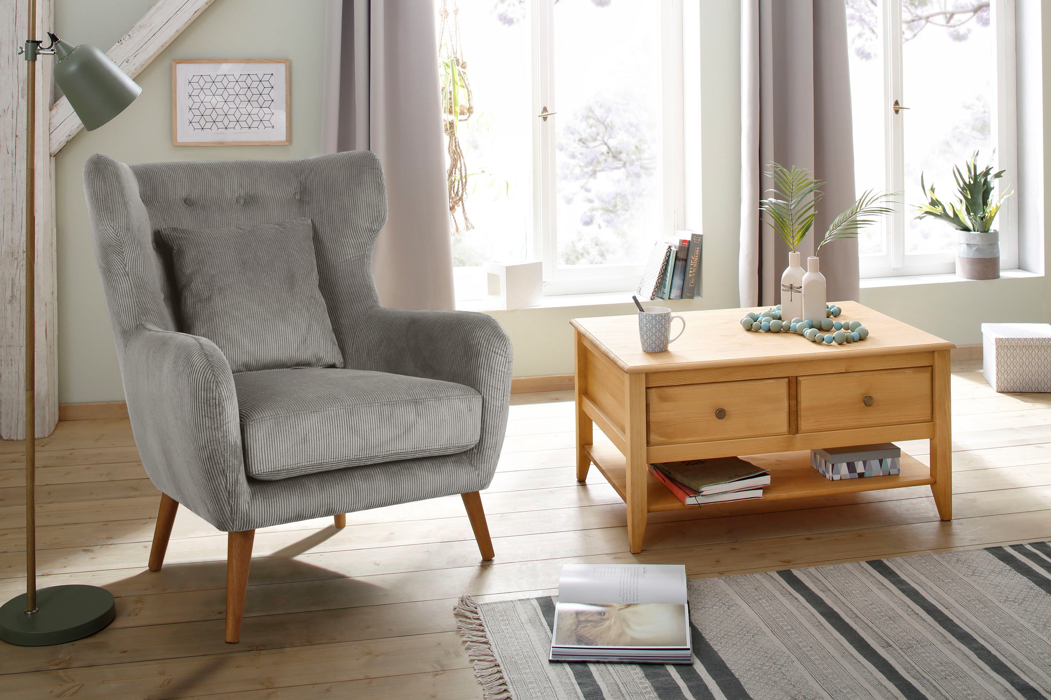Home affaire Oorfauteuil Yamuna met beklede zitting, frame en poten van massief hout, zithoogte 47 cm
