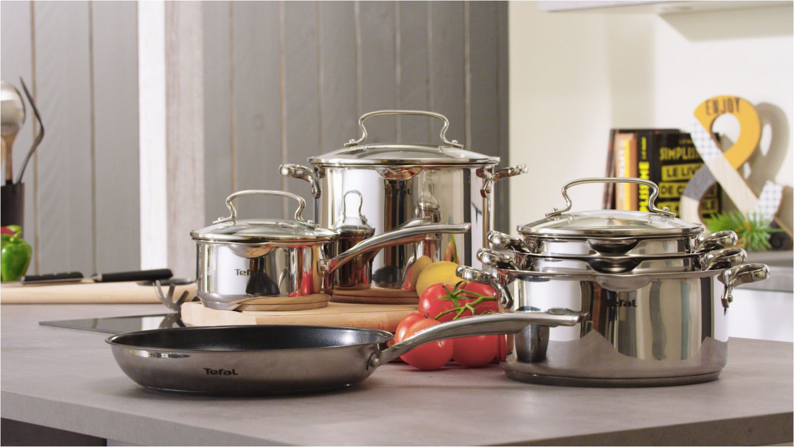 Tefal Pannenset Duetto+, langlebige Antihaftversiegelung, Thermo-Signal Premium roestvrij staal, inductiepan, temperatuurindicator (set, 3-delig)