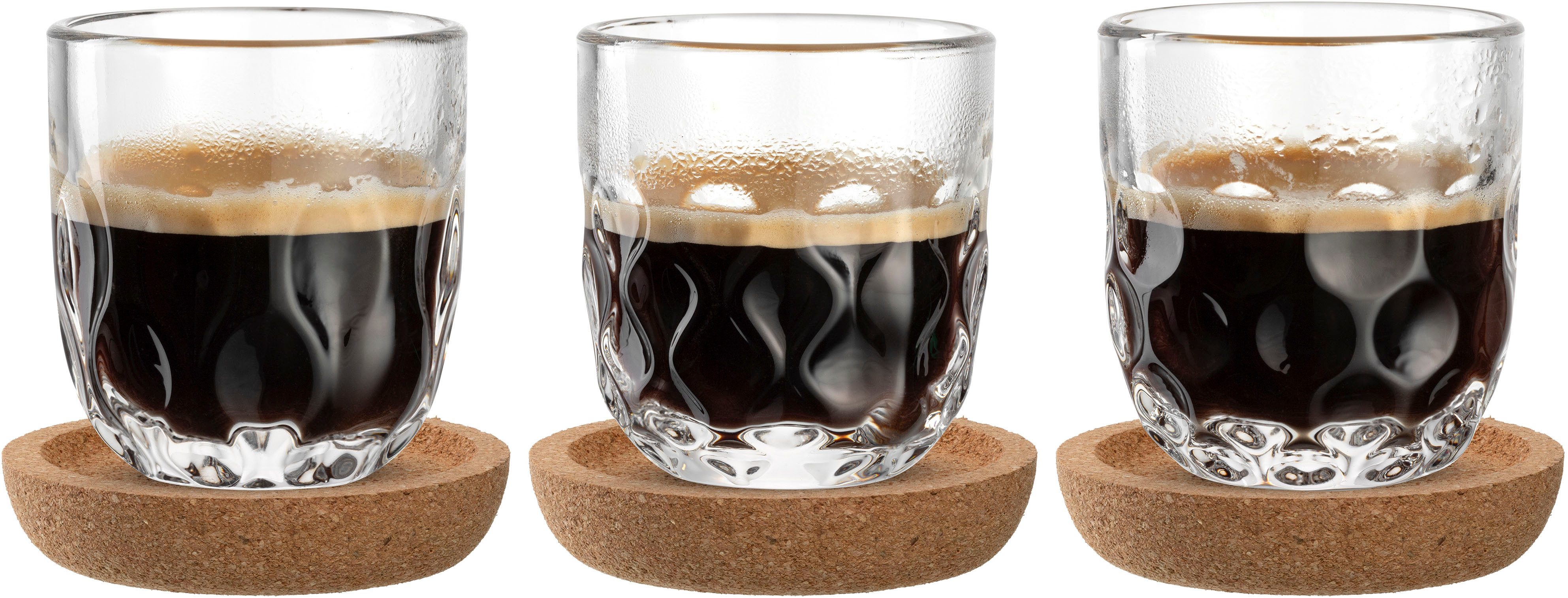 LEONARDO Glazenset Espresso set GOCCE, 90 ml, 6-delig 3 glazen met verschillend druppelreliëf, incl. kurken onderzetters (set)