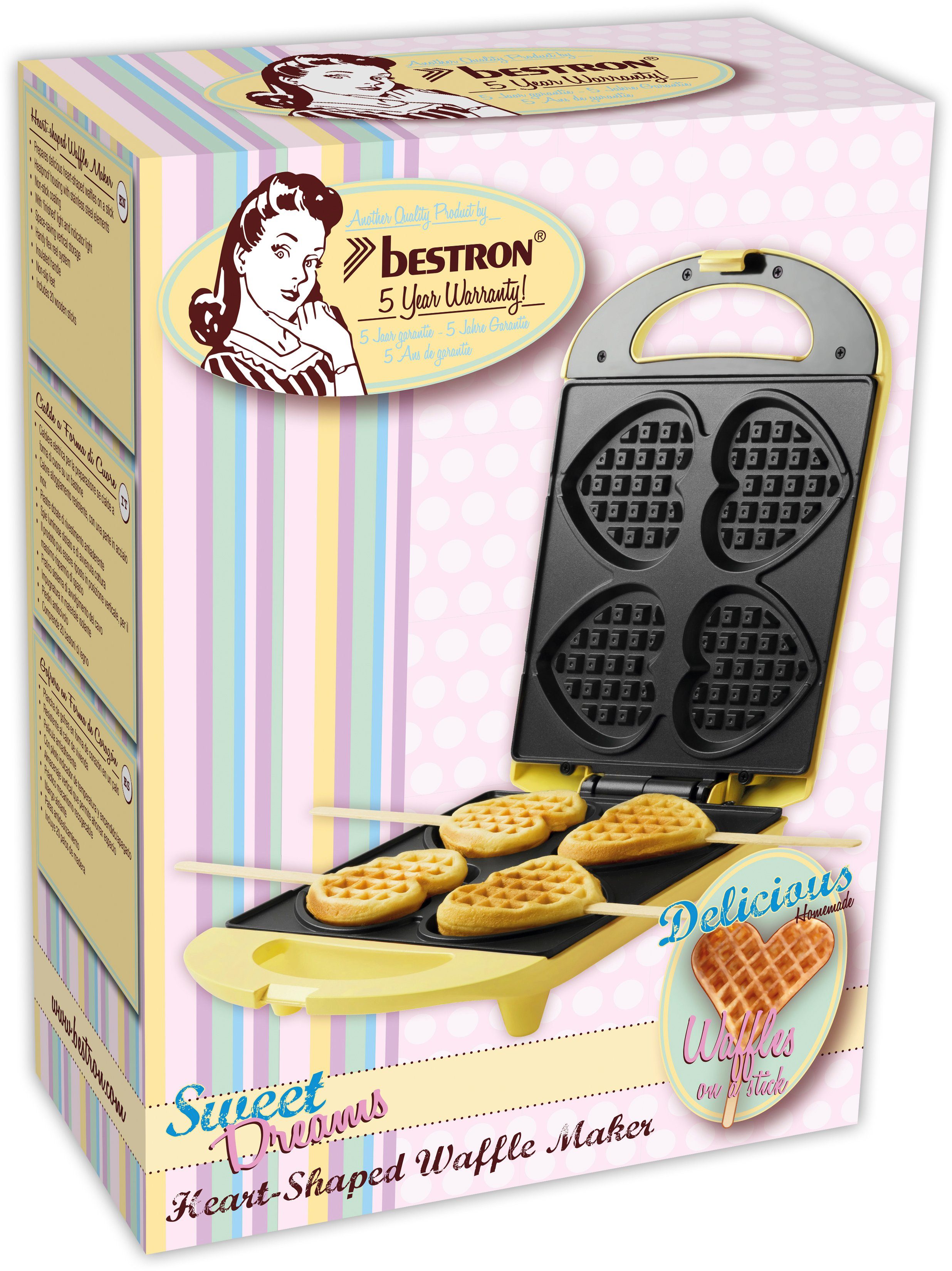 bestron Wafelijzer DSW271 voor hartwafels aan een stok voor hartvormige wafels aan een stokje, retrodesign