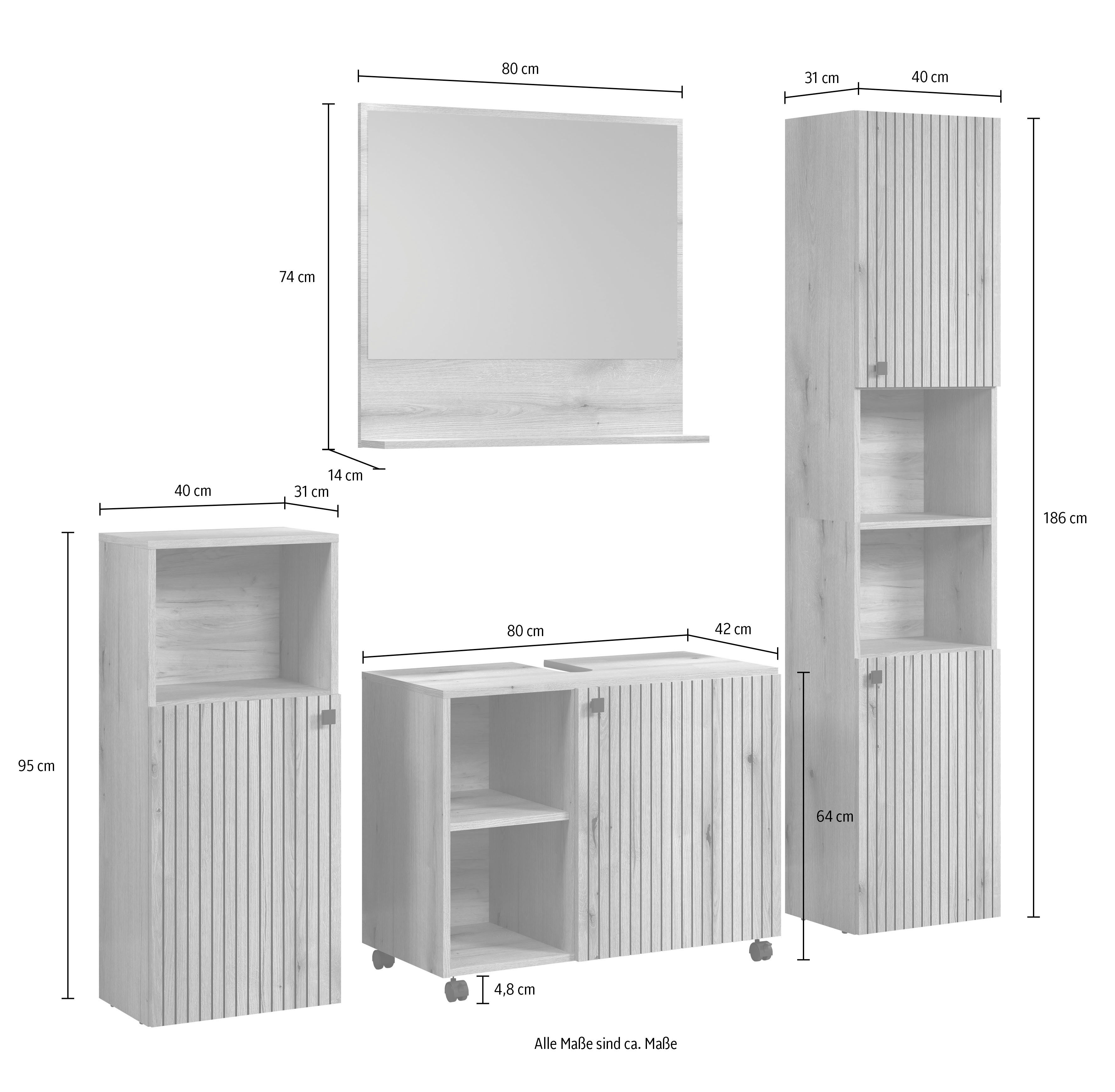 welltime Badmeubelset Amrum wastafelonderkast spiegel hoge kast badkamerkast Badkamermeubels met groeflook - Wasbakonderkast op wielen (complete set, 4 stuks)