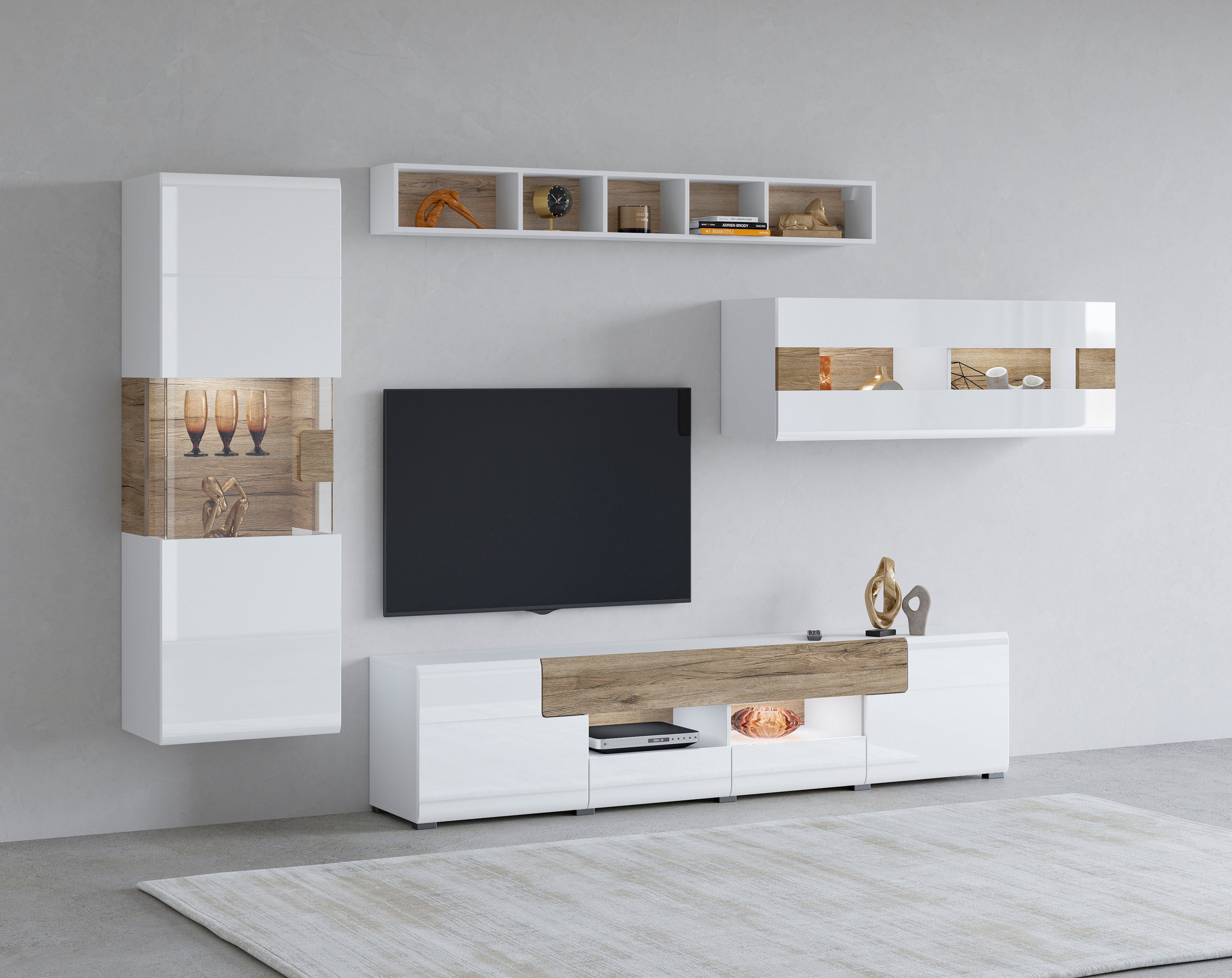 INOSIGN Wandmeubel Toledo, set, 4 stuks, stijlvol mediawandmeubel zonder verlichting Opbouwwand (2x hangvitrine, lowboard, wandplank) MDF hoogglans
