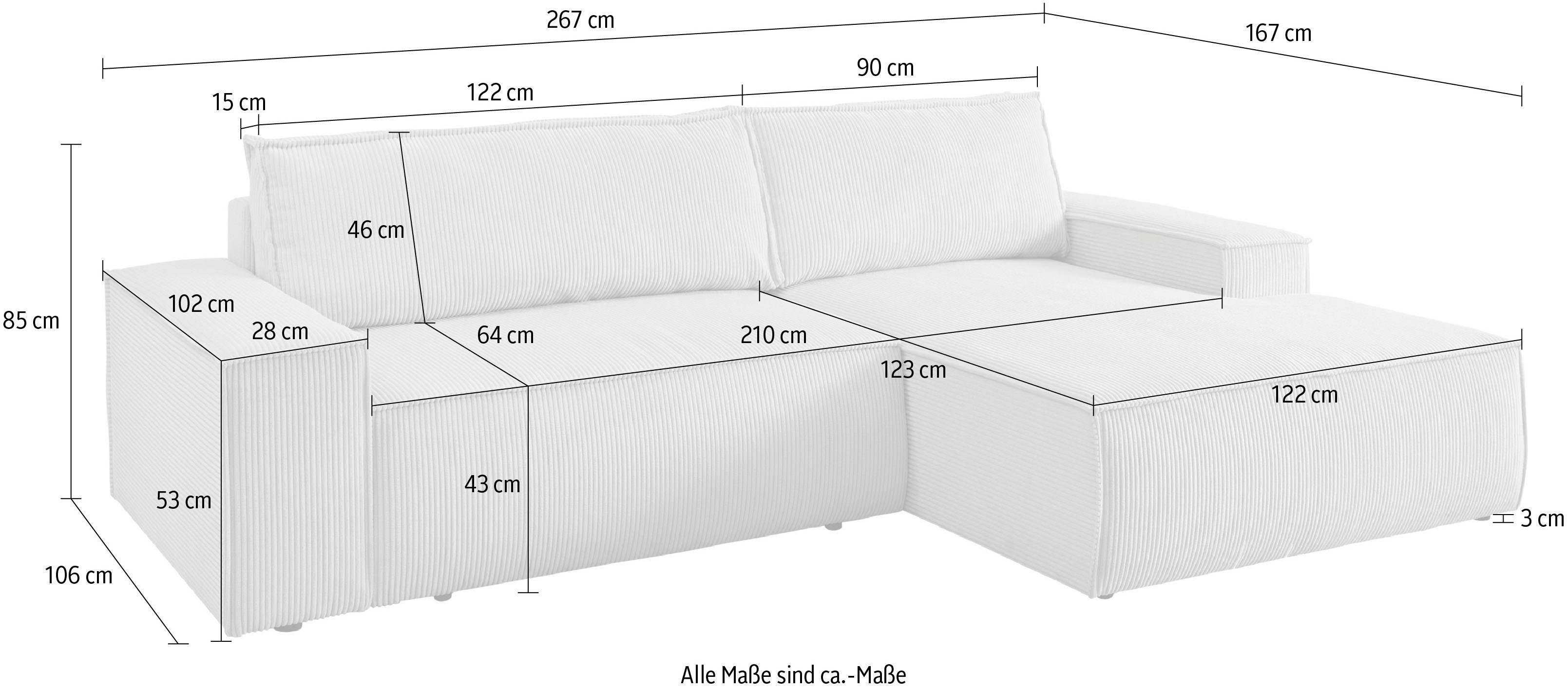 Home affaire Hoekbank SHERWOOD bedbank 267 cm, L-model, Slaapfunctie met bedlade (210x136 cm), cord, vintage, fluweel