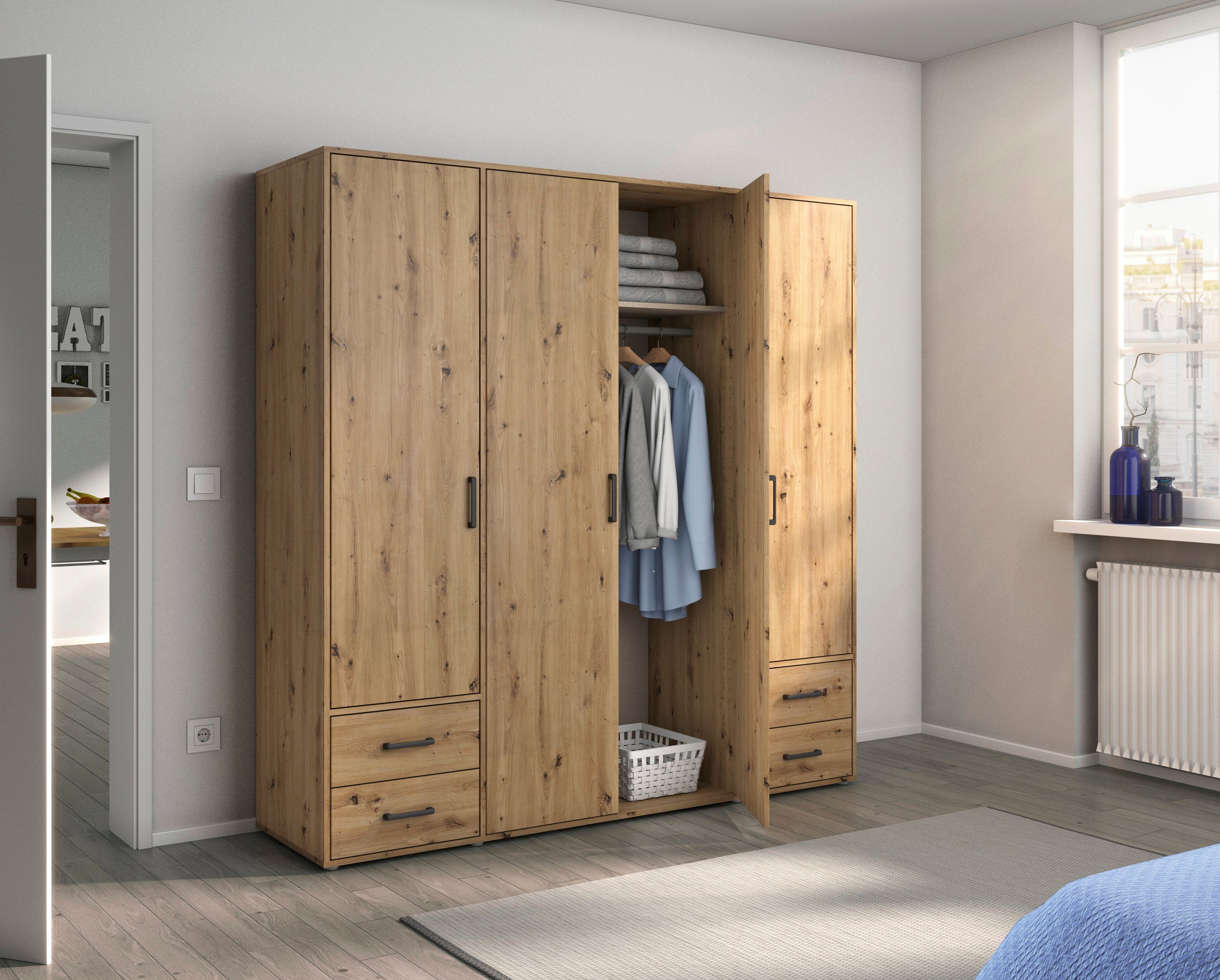 rauch Draaideurkast Kledingkast kast garderobe linnenkast VOYAGER moderne grepen in grijs metallic met buitenlades made in germany