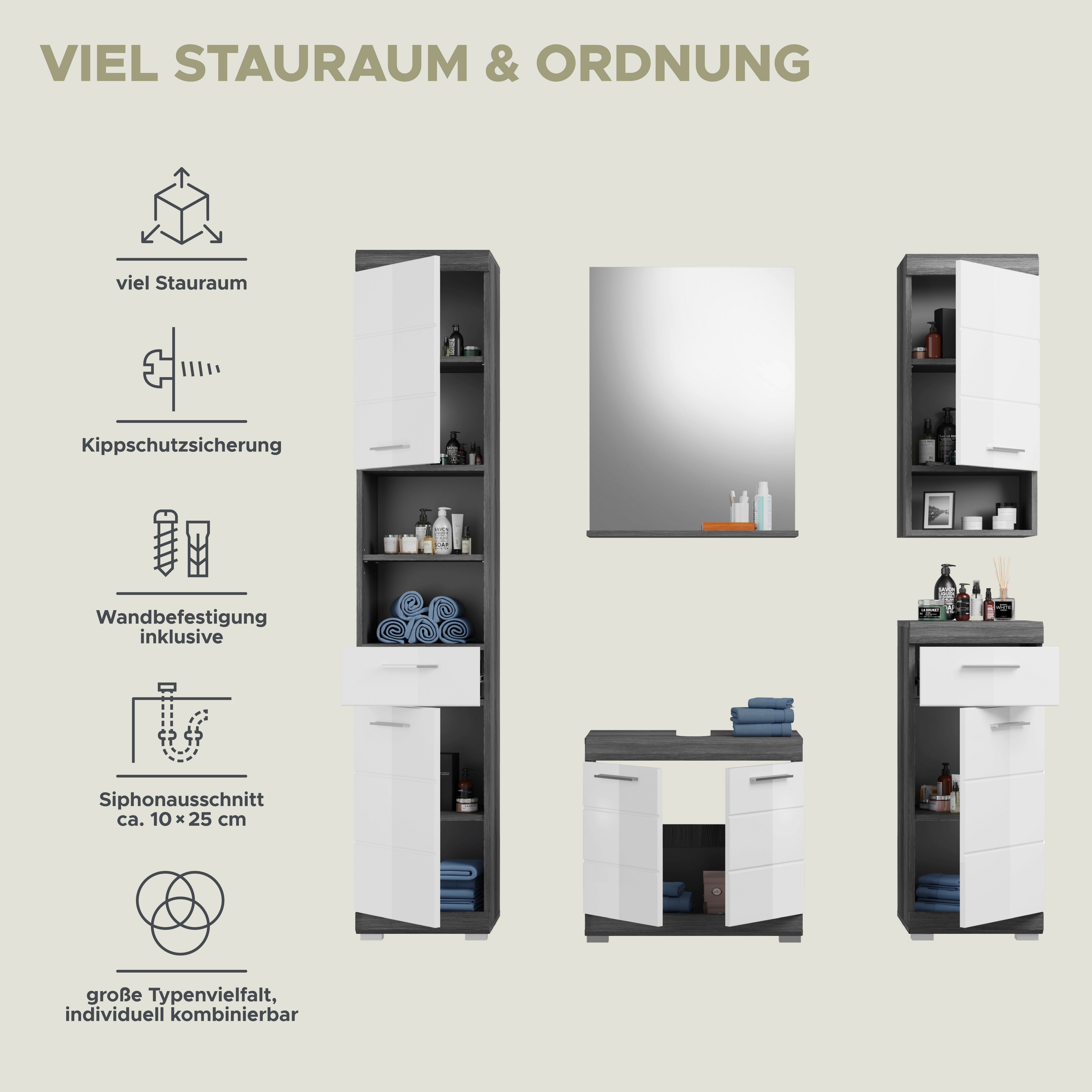 INOSIGN Badkamerserie Siena, 5-delig, bestaande uit: Hoge kast, WBU, spiegel, onderkast, hangkast (set, 5-delig)