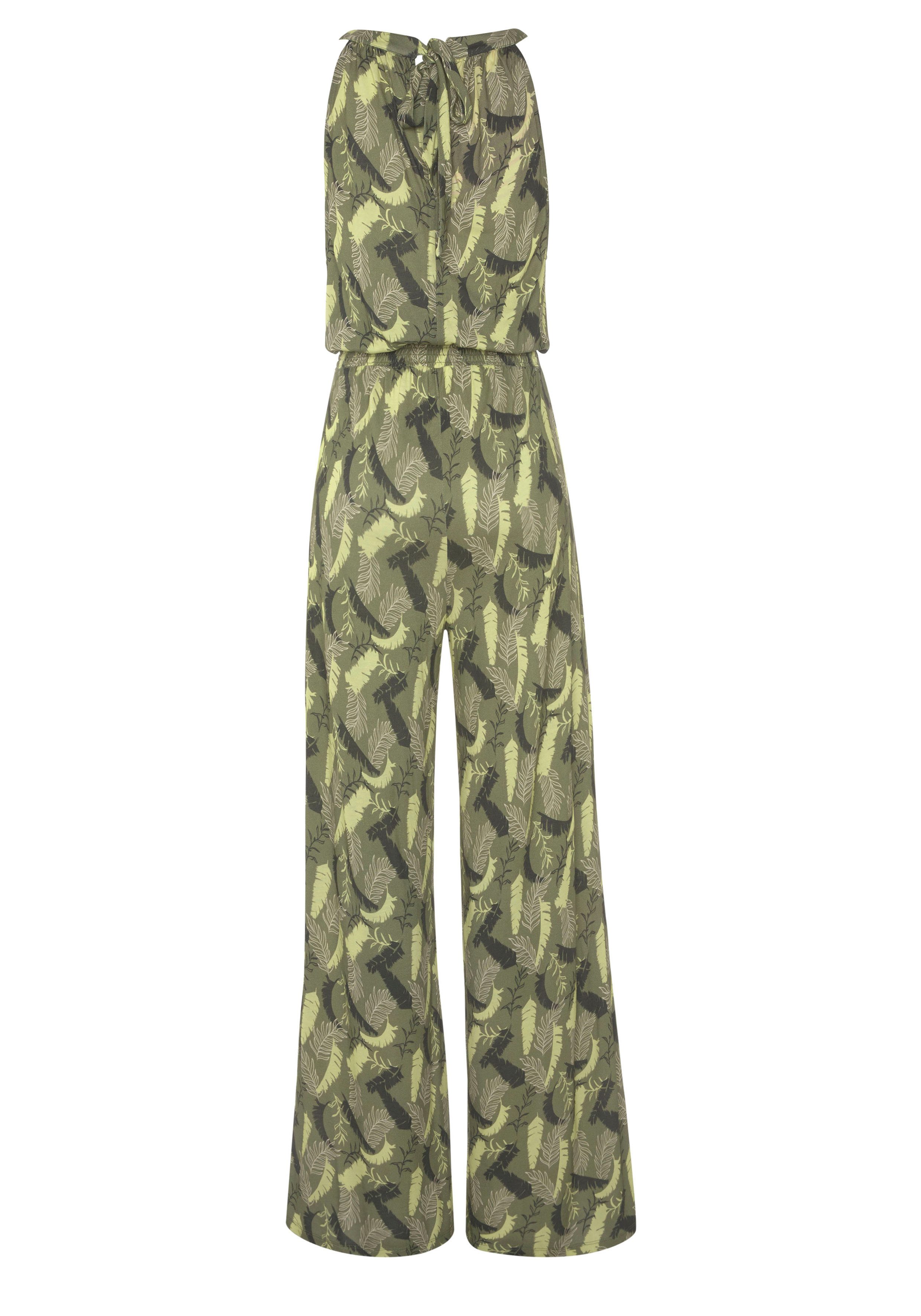 s.Oliver RED LABEL Beachwear Jumpsuit met bladerenprint en brede smockinzet, zomerse jumpsuit
