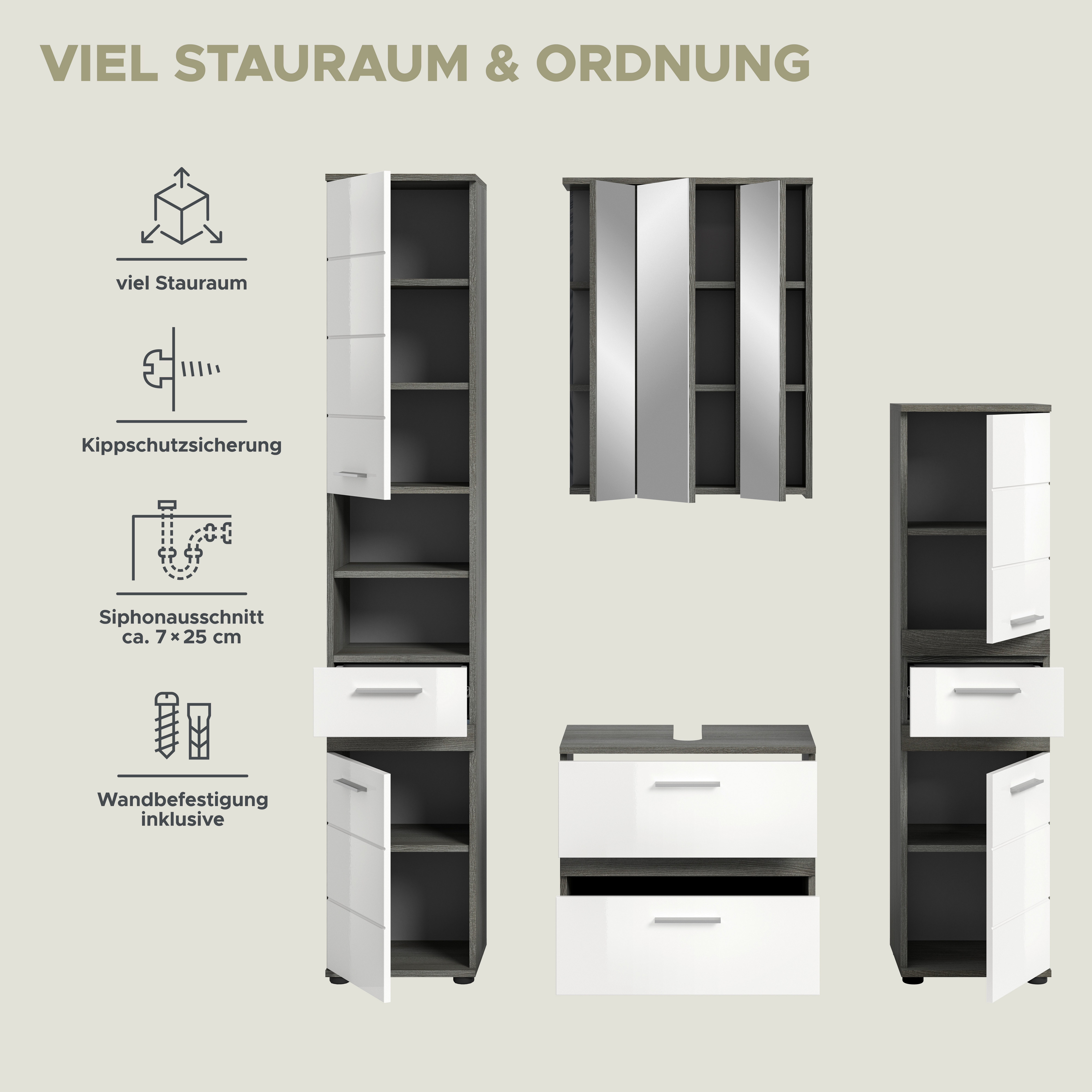 welltime Badmeubelset LUCCA, 4-delig, TOPSELLER!, MDF hoogglansfront, bestaande uit: (set, 4 stuks)