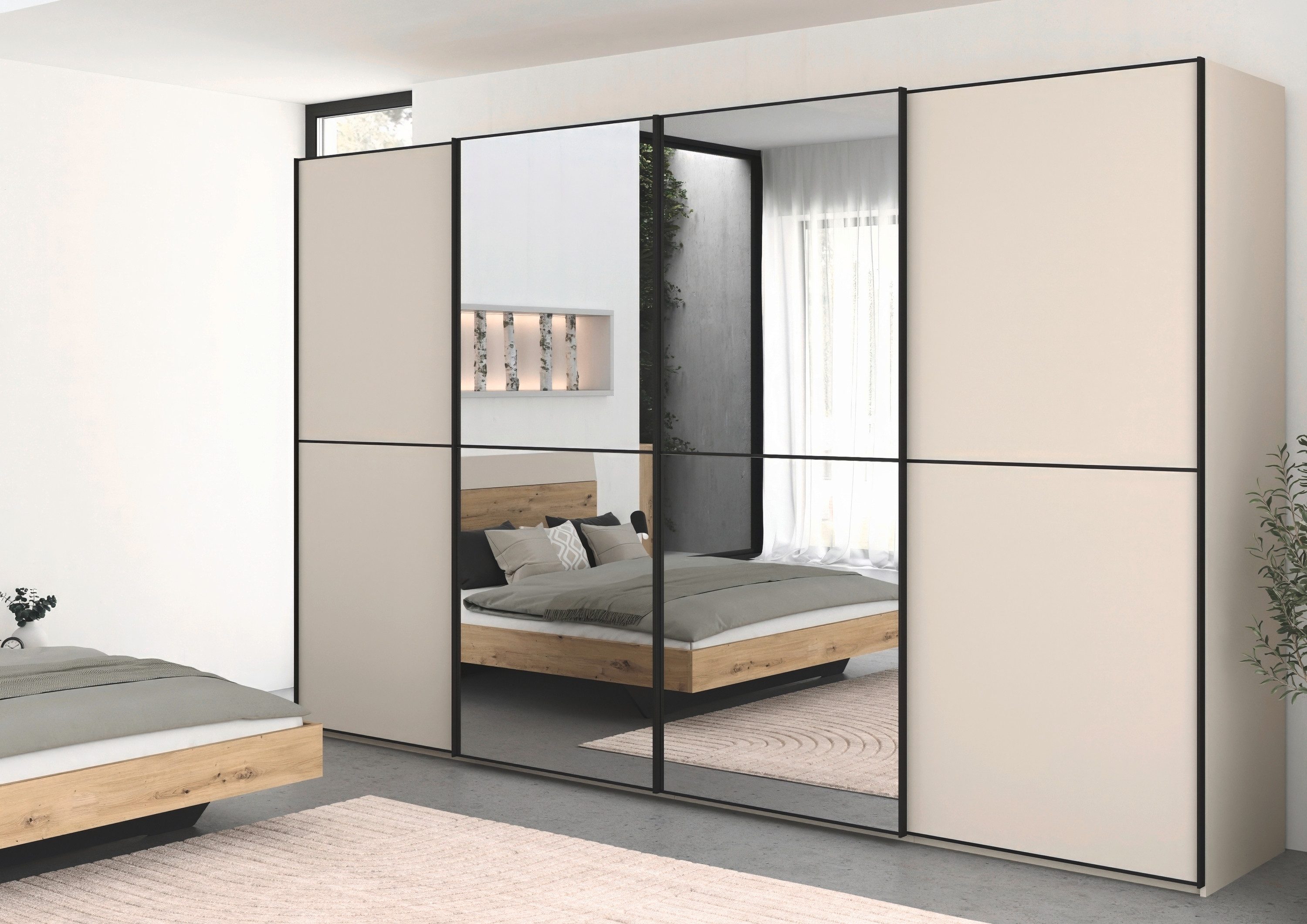 rauch Schuifdeurkast Kledingkast Kast Garderobe Slaapkamerkast SCALE-DUO edel tweedelige deuren, spiegel en 3 sierlijsten made in germany
