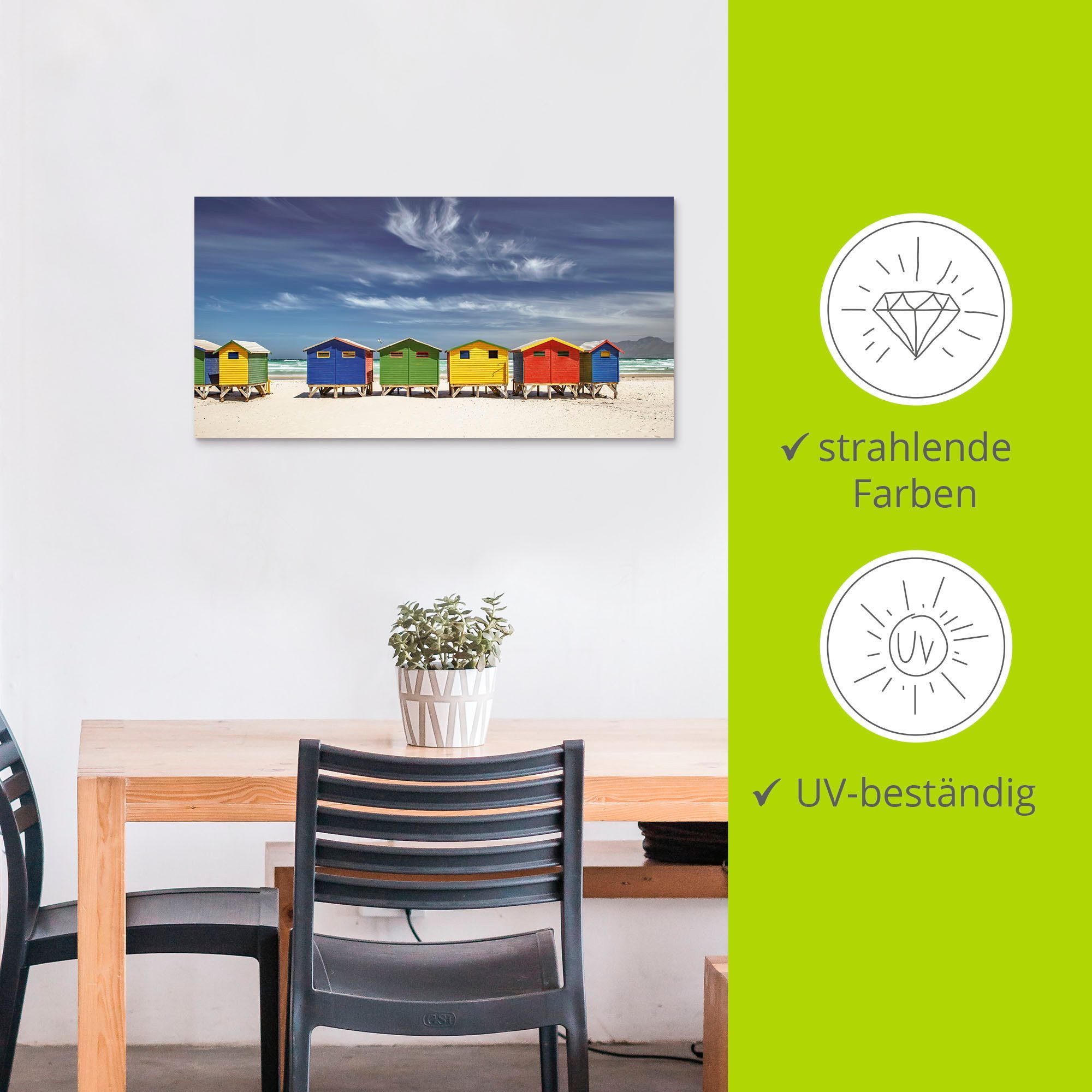 Artland Artprint Veelkleurige strandhuisjes bij Kaapstad als artprint van aluminium, artprint voor buiten, artprint op linnen, poster, muursticker