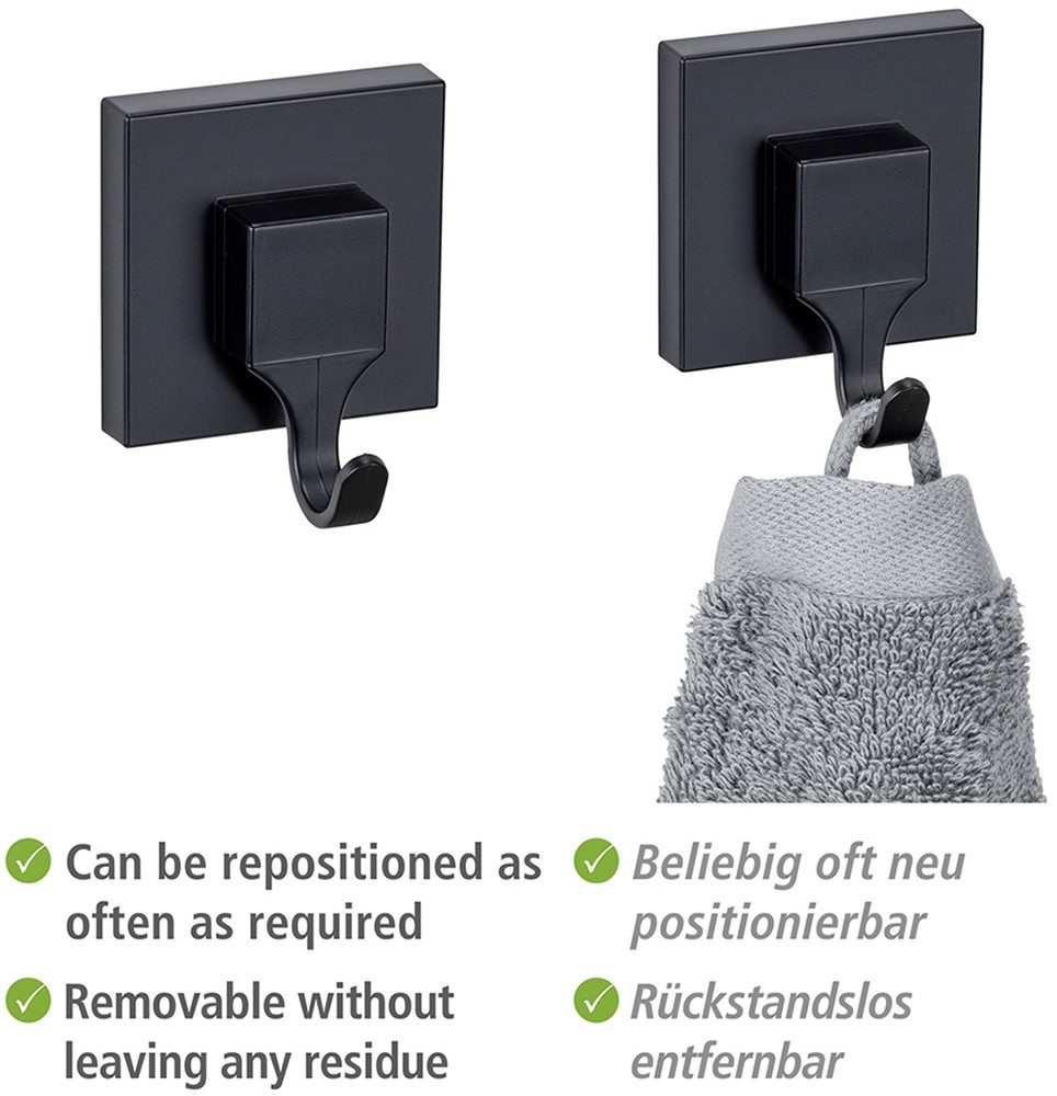 WENKO Wandhaak Vacuum-Loc® model Quadro van kunststof voor handdoeken, bevestiging zonder boren (set, 2 stuks)