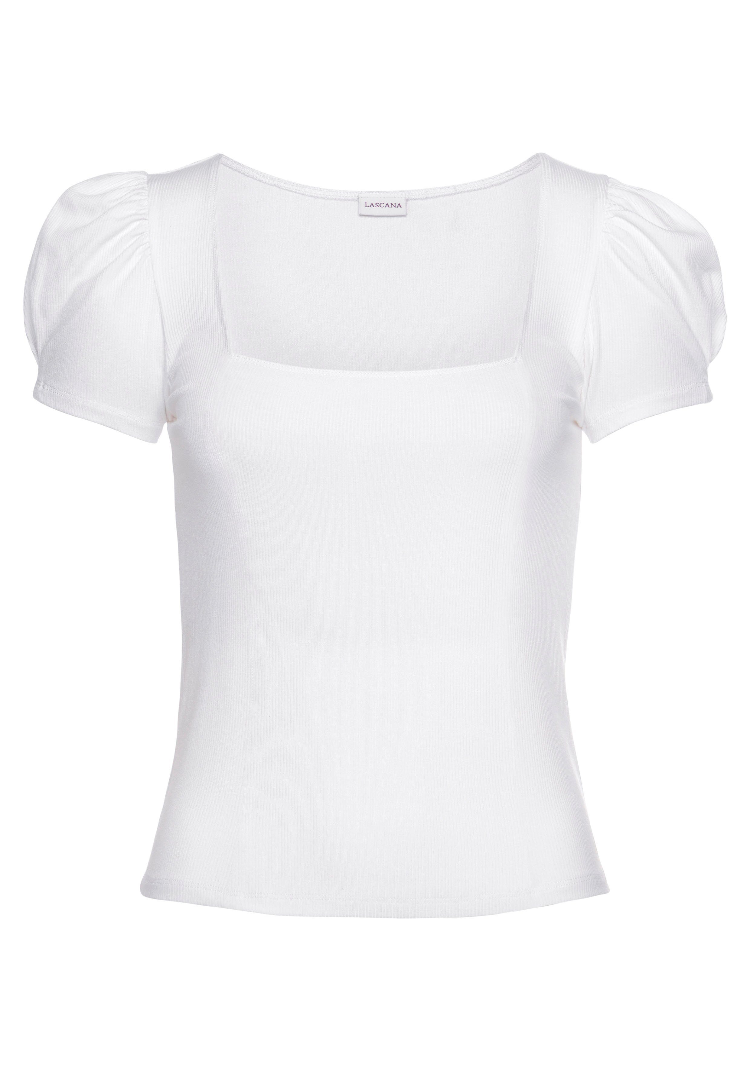 Lascana Shirt met korte mouwen van geribbelde stof, t-shirt met lichte pofmouwen, casual-elegant
