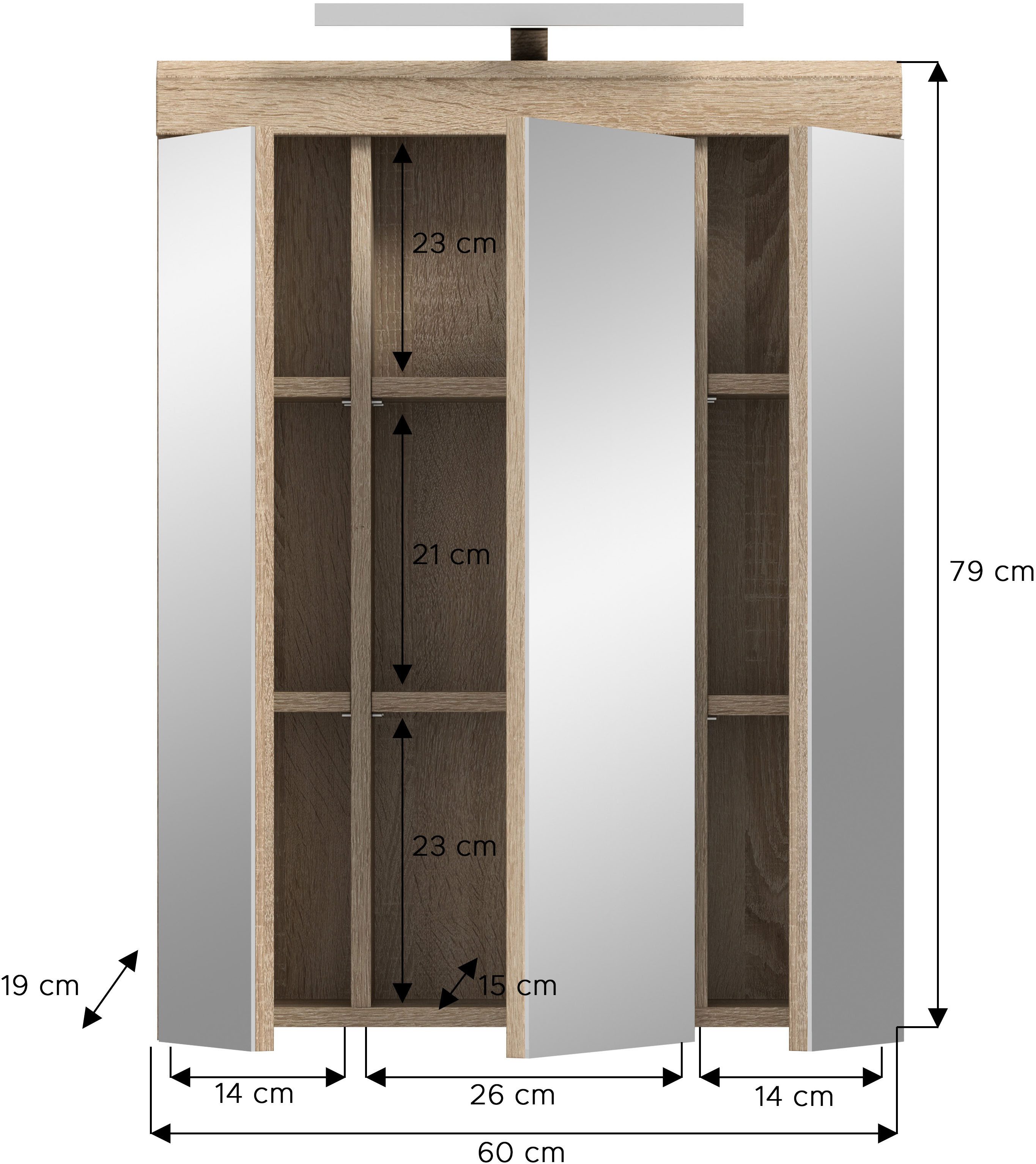 INOSIGN Spiegelkast Siena, breedte 60 cm, incl. verlichting, 3 spiegelt deuren, 9 vakken in verschillende kleuren verkrijgbaar, badkamermeubels, spiegel, badkamerkast, badkamer (set)