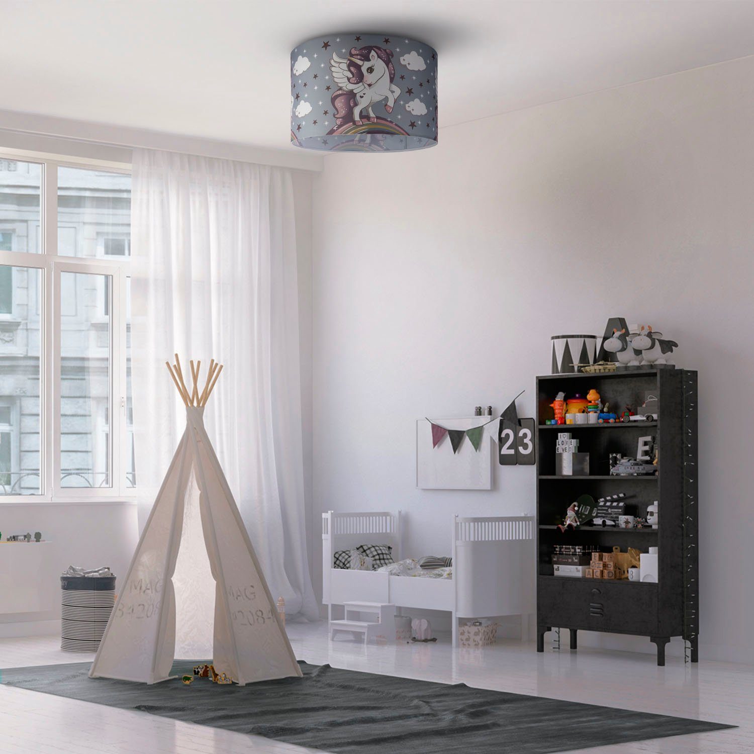 Paco Home Plafondlamp Hugo Cosmo 213 Kinderlamp LED kinderkamer lamp met eenhoorn, E27
