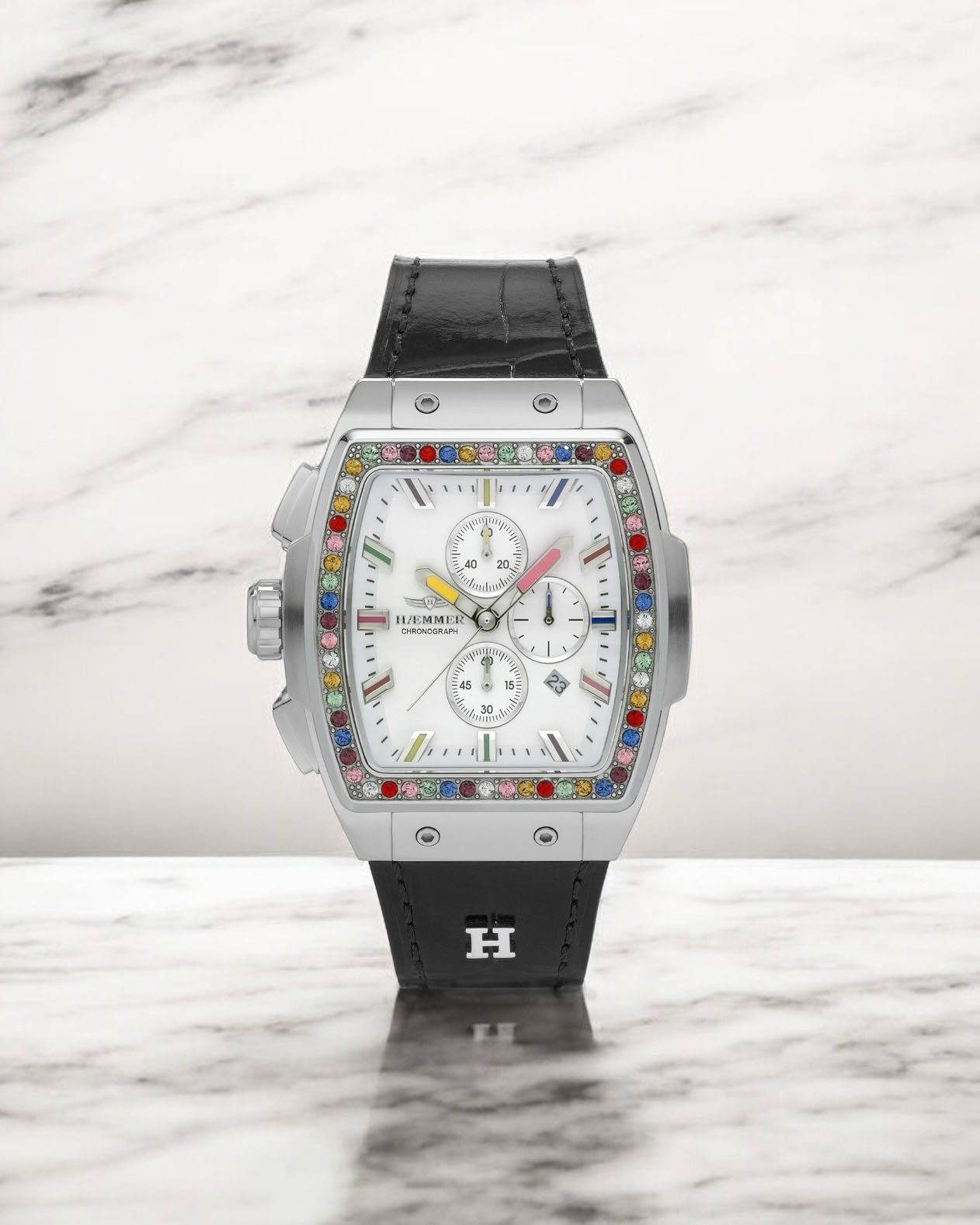 HAEMMER GERMANY Chronograaf TONNEAU Quartz horloge, polshorloge, dameshorloge, leren band, geschroefde kroon, datum