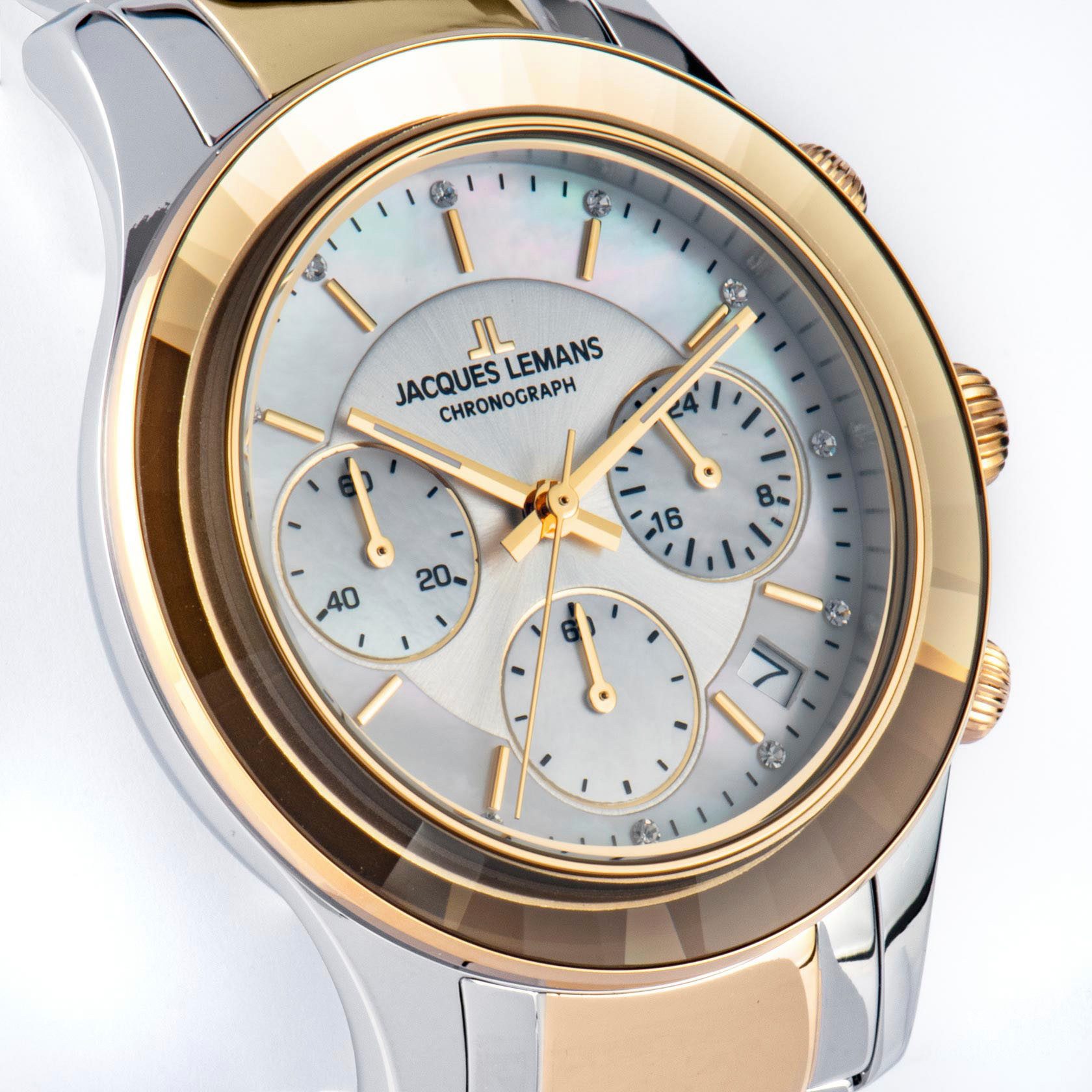Jacques Lemans Chronograaf Venice Polshorloge, dameshorloge, leren band, stopwatchfunctie, datum, parelmoer