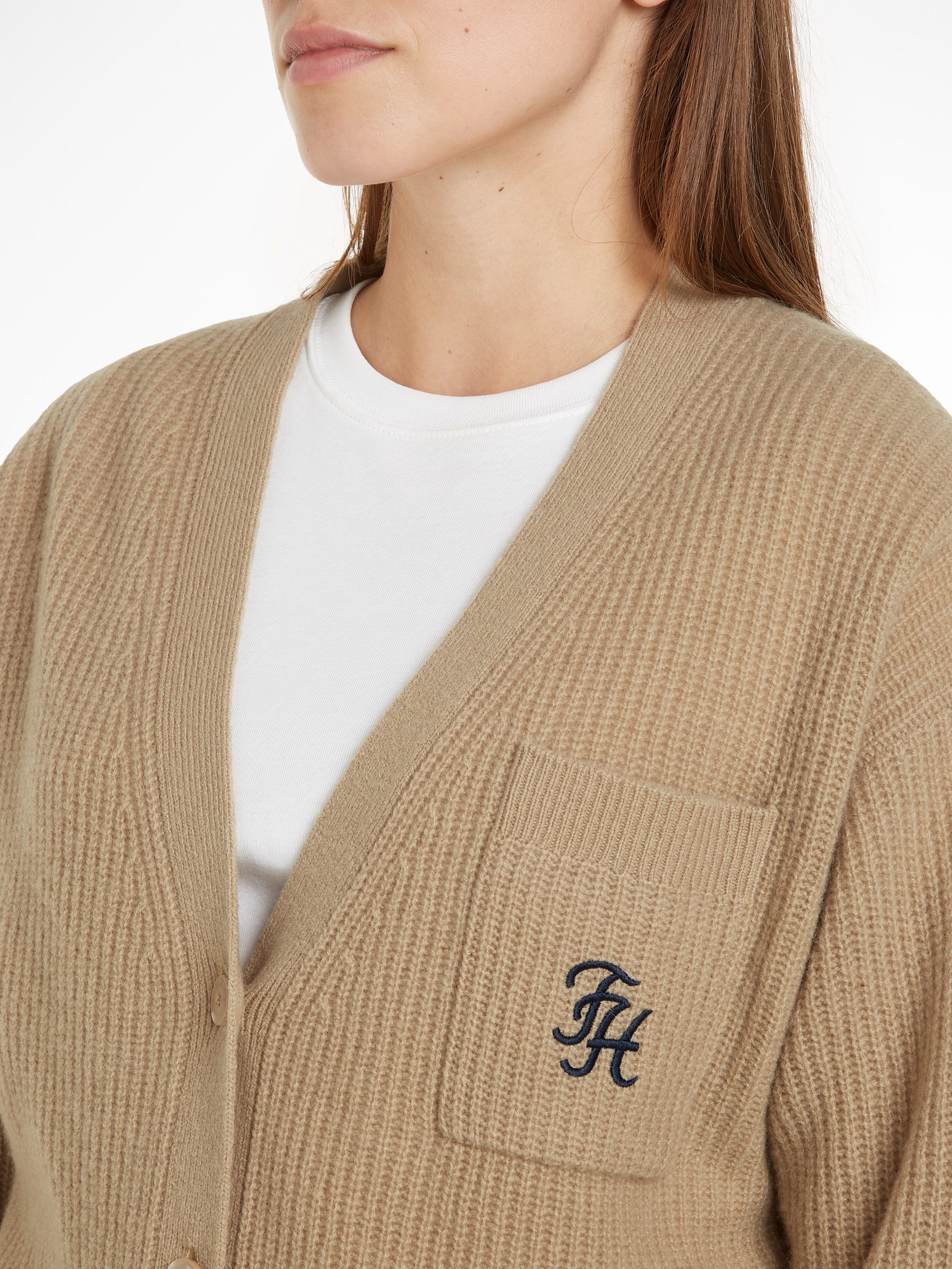 Tommy Hilfiger Vest TH SCRIPT SOFT WOOL V-NK CARDI met tommy hilfiger script-logo-opschrift